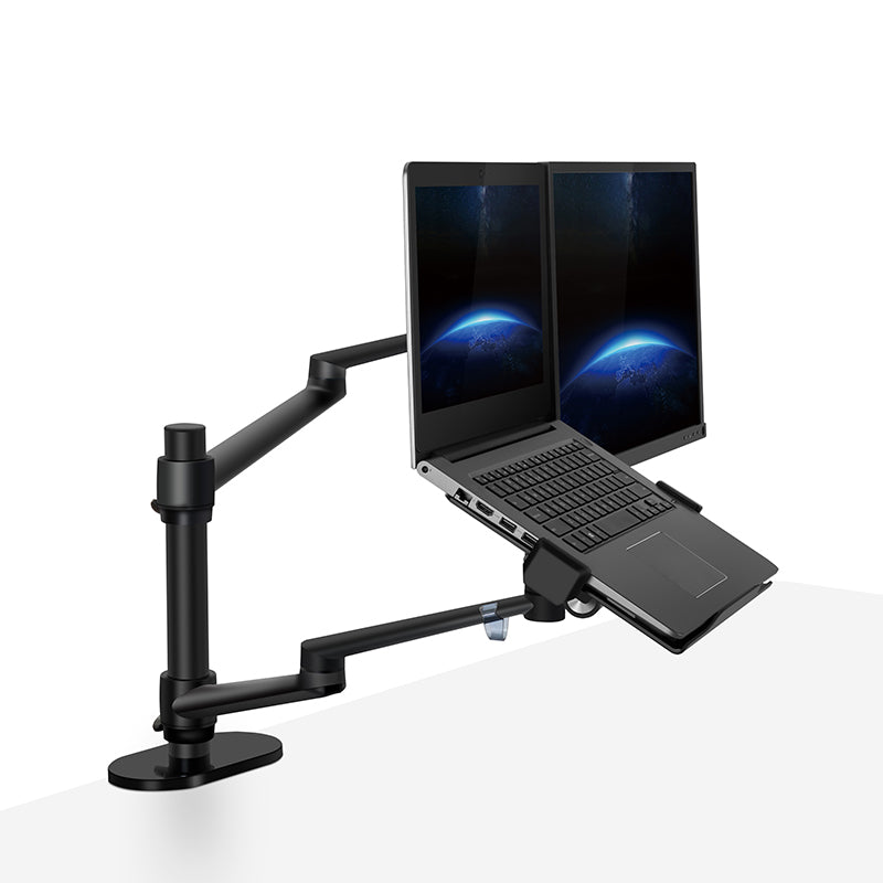 Adjustable Aluminum Dual Monitor Stand for 17-32 Inch Screens & Laptop Mount (12-17 Inch) - Ergonomic Desk Clamp for Home Office, Gaming & Workspace Setup