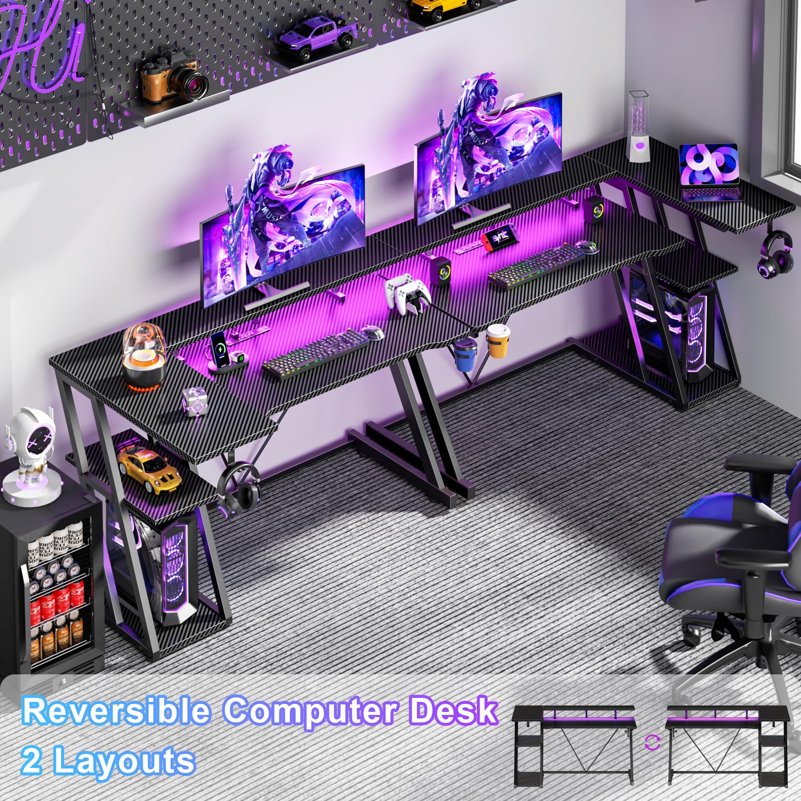 47 Inch Gaming Desk with Power Outlet & LED Lights - Ergonomic Corner Computer Desk with 3-Tier Storage Shelves & Monitor Stand - Carbon Fiber Black Home Office Desk for Small Spaces | Perfect for Gaming Setup, Workstation & Compact Home Offices