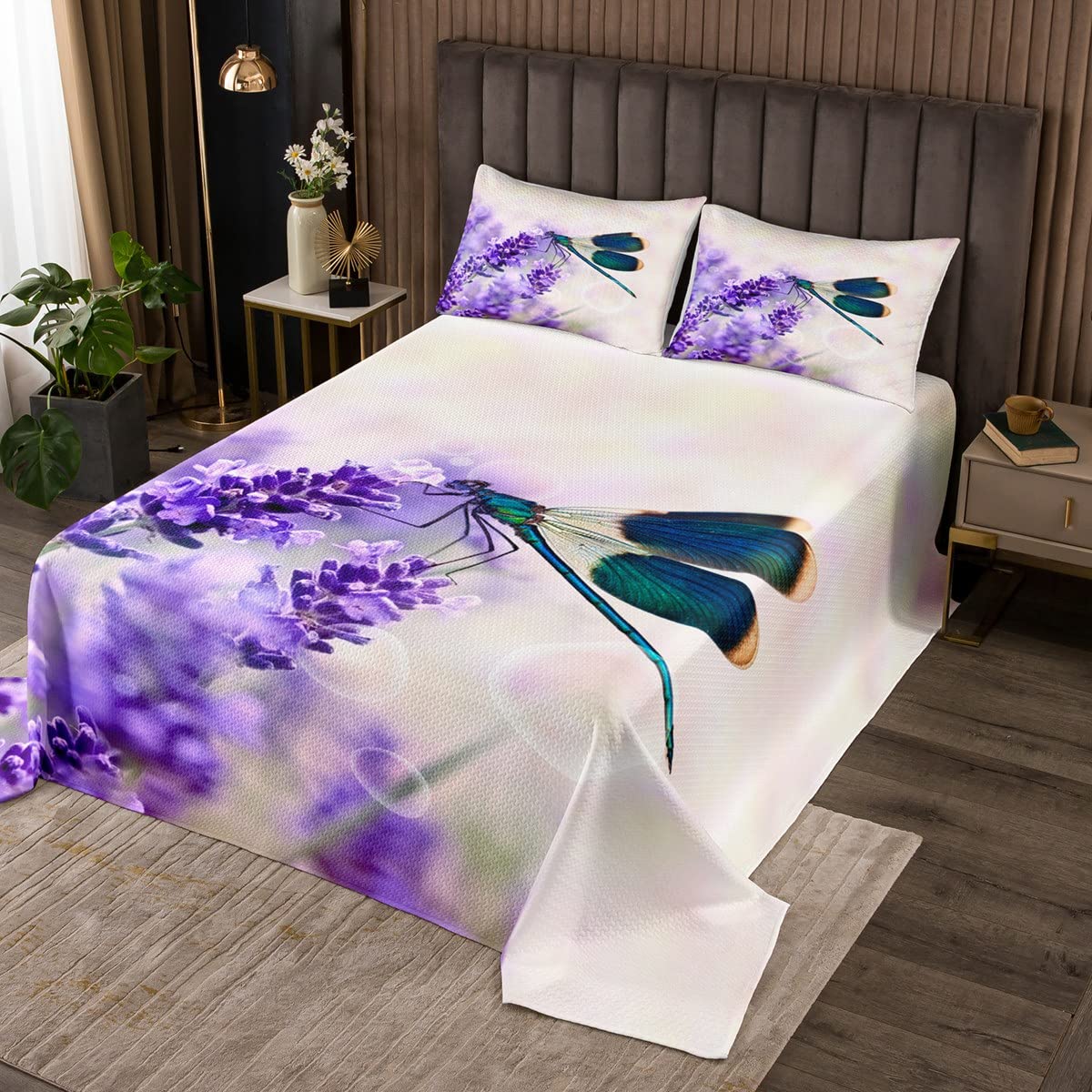 Erosebridal Purple Lavender Dragonfly Queen Quilt Bedspread Set with 2 Pillow Shams - Floral Botanical Bedding for Teens, Girls Room Decor, Spring Summer Bed Cover for Guest Room & Dormitory