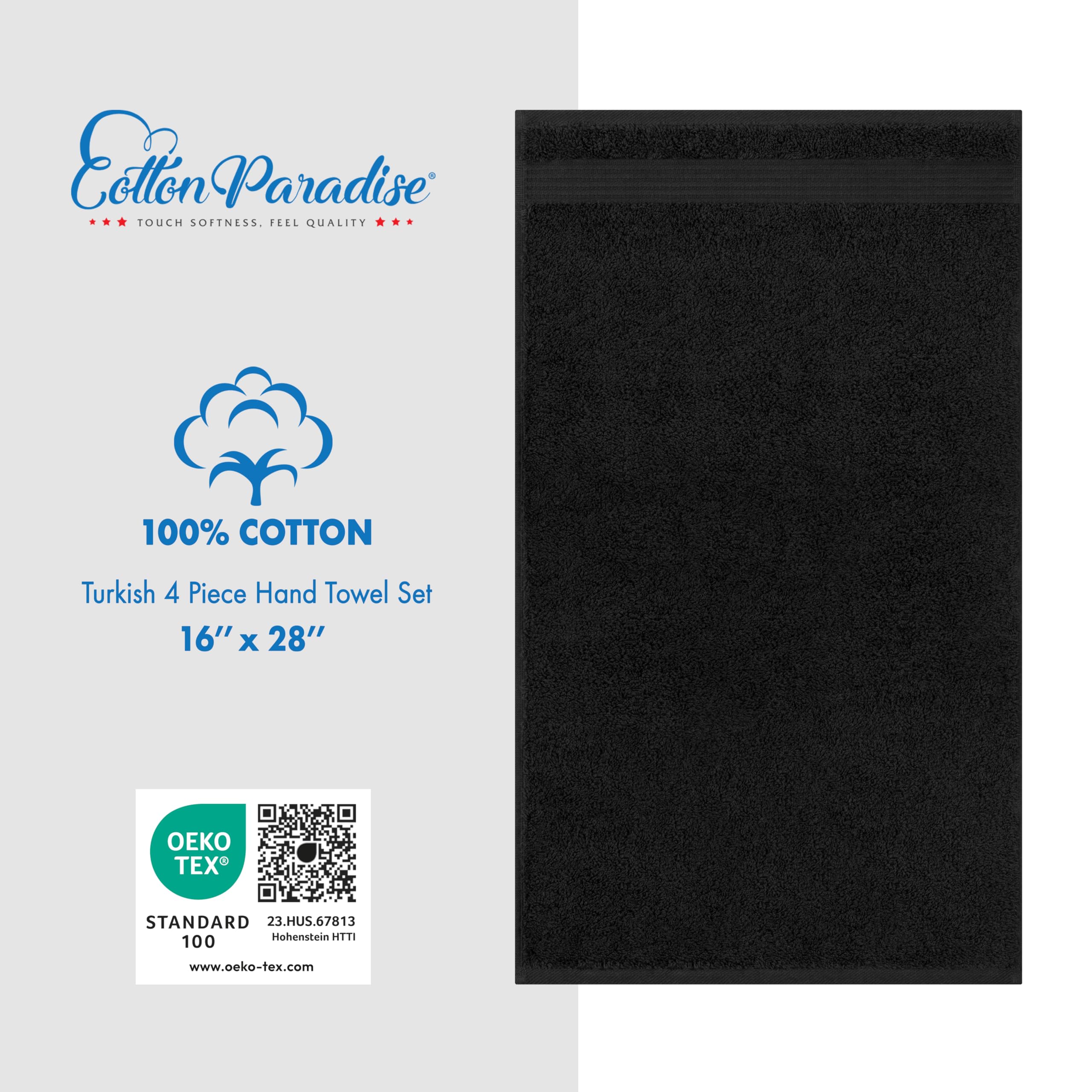 100% Cotton Turkish Hand Towels Set - 4 Piece Soft Absorbent Bath & Face Towels for Bathroom, Kitchen & Spa | Premium Black Cotton Towels for Home & Hotel Use