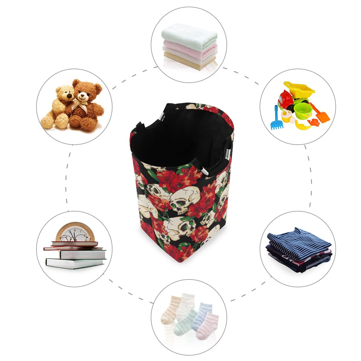 MNSRUU Foldable Laundry Bag with Handles - Skull & Flower Design Collapsible Laundry Basket Hamper for Bathroom Storage, Laundry Room Organization - Perfect for College Dorms, Travel & Home Decor