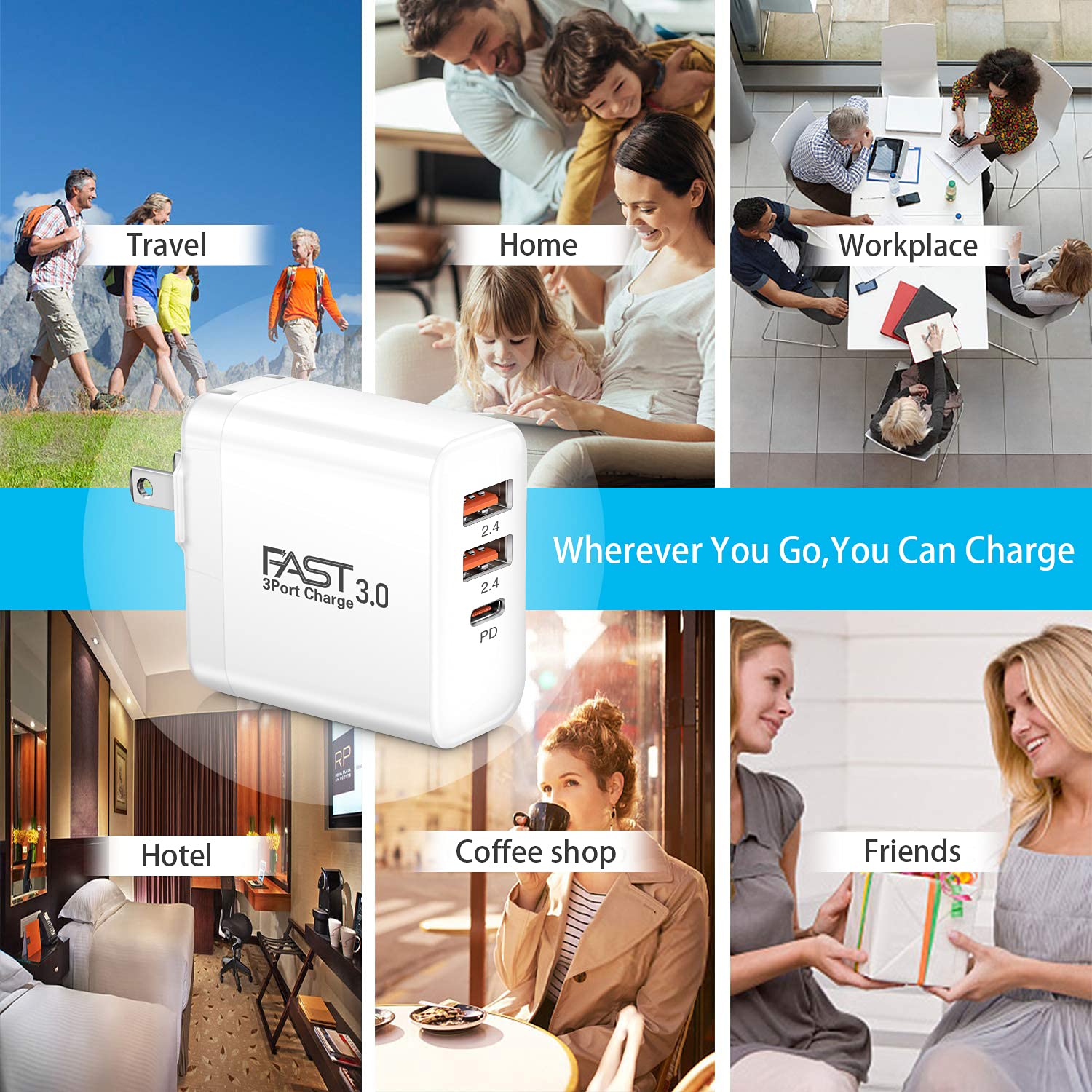iSeekerKit 30W 3-Port USB C Fast Charger with PD 3.0 & 5V/2.4A, Foldable Wall Charger Block - 2 Pack, Compatible with iPhone 14/13/Pro Max, Samsung Galaxy, Pixel 7 - White | Perfect for Travel, Home & Office Charging