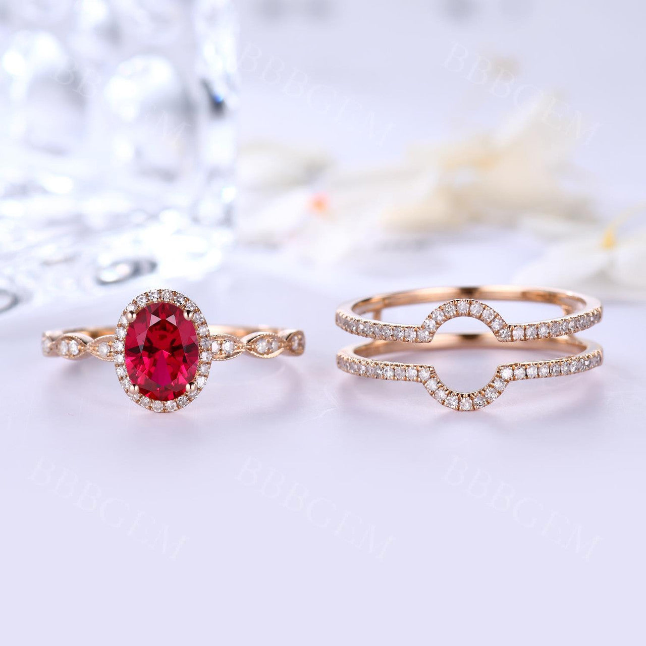 Rose Gold Diamond Halo Lab Ruby Engagement Ring Set With Euro Open Shank Double Band - Elegant Wedding Jewelry for Brides, Anniversary Gifts & Romantic Proposals