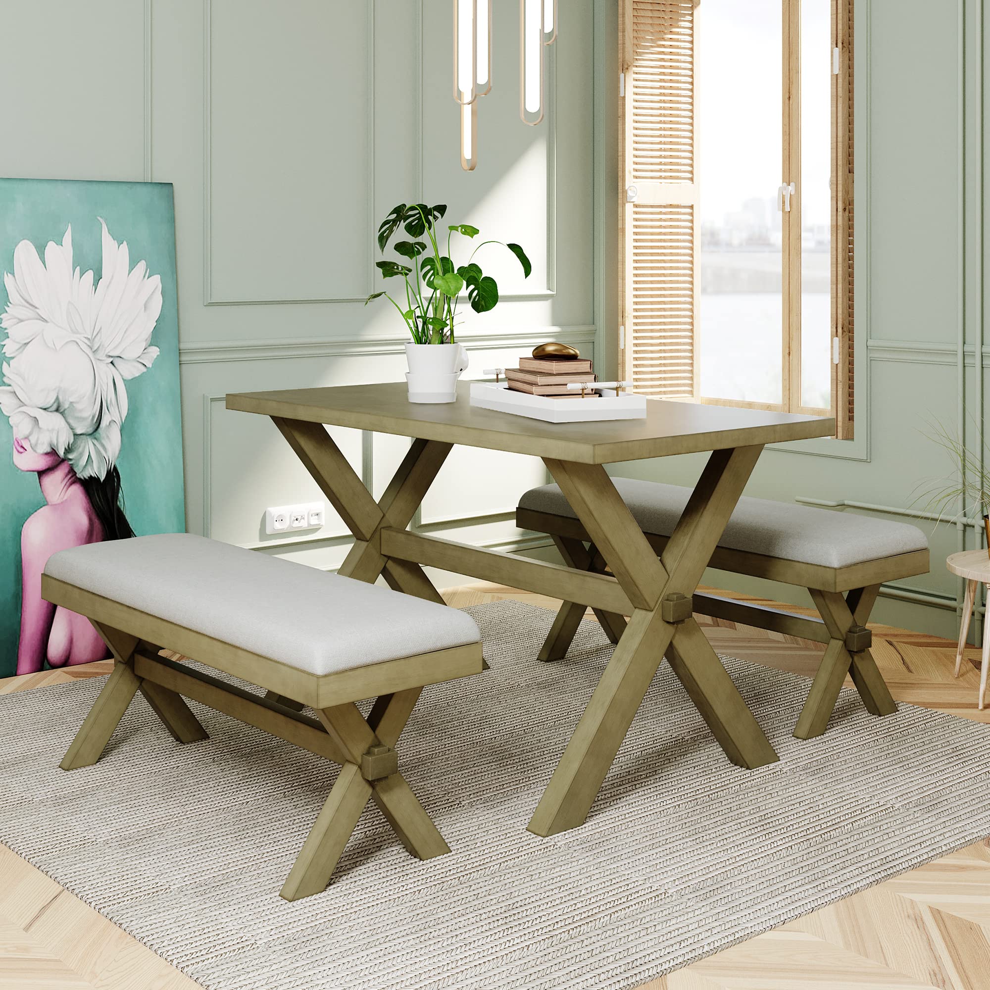 Farmhouse Style 3-Piece Wood Dining Set for 4 - Rectangular Table & 2 Upholstered Benches - Perfect for Small Spaces, Dinette Kitchen & Dining Room - Rustic Home Decor & Cozy Family Meals