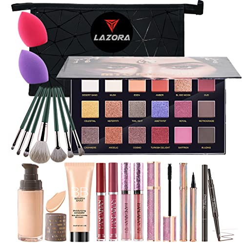All-in-One Makeup Kit for Women & Teens - Complete Cosmetic Set with Eyeshadow Palette, Lip Gloss, Foundation, BB Cream, Mascara, Eyebrow Pencil, Eyeliner, Powder Puff & Makeup Brushes (Includes Cosmetic Bag) - Perfect for Daily Makeup, Parties, Travel & Gifts