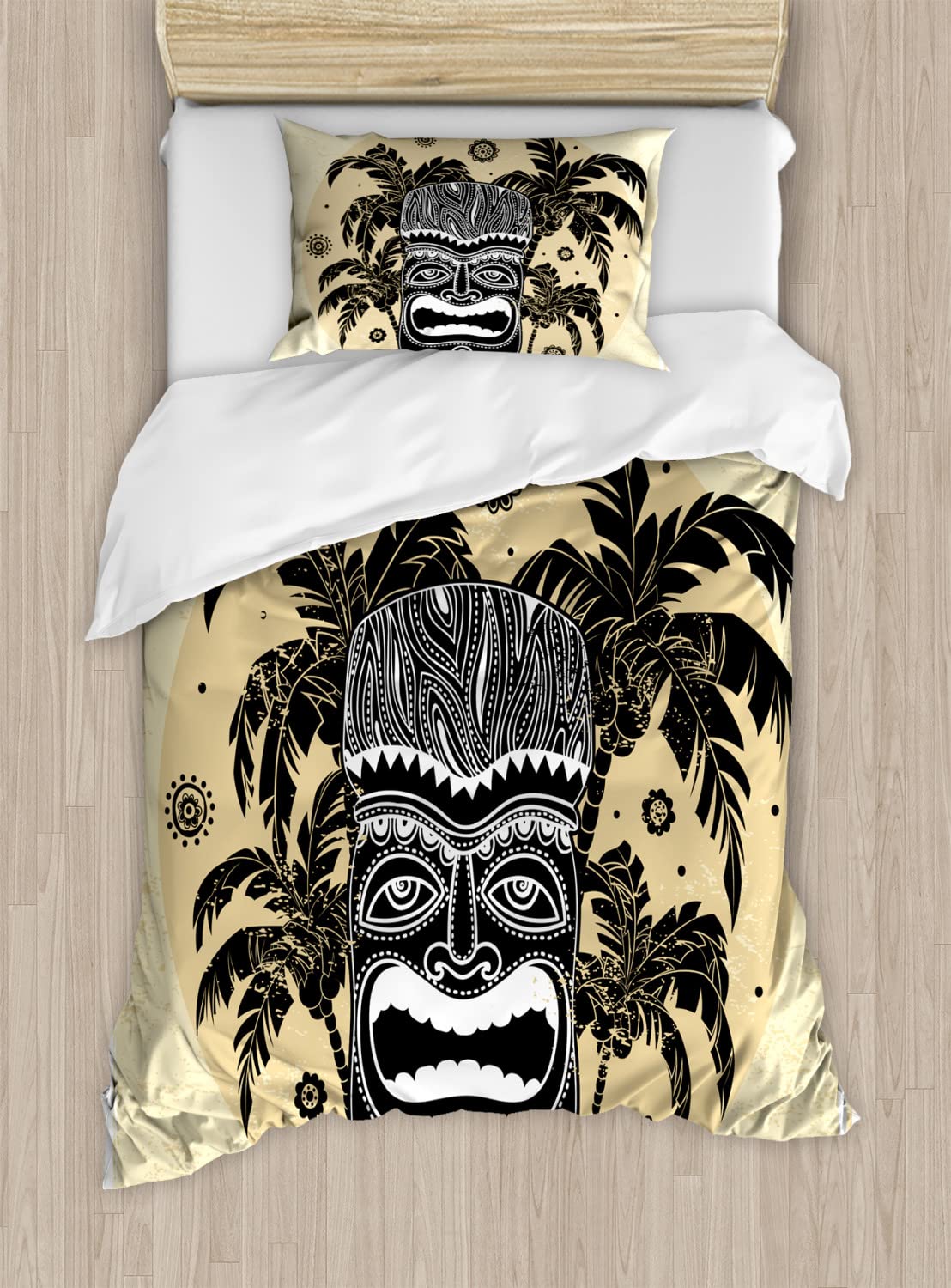 Ambesonne Tiki Bar Duvet Cover Set - Tropical Hawaiian Palm Tree & Floral Print Bedding, 2-Piece Twin Size (2 Duvet Covers + 2 Pillowcases) in Brown, White & Yellow - Perfect for Beach Themed Bedrooms, Summer Parties & Vacation Home Decor