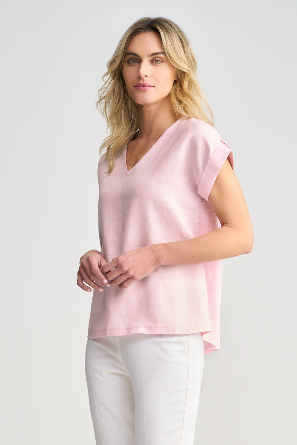 Breathable Linen Mix V-Neck T-Shirt for Women - Soft Icy Pink Color | Perfect for Summer, Casual Outfits & Layering