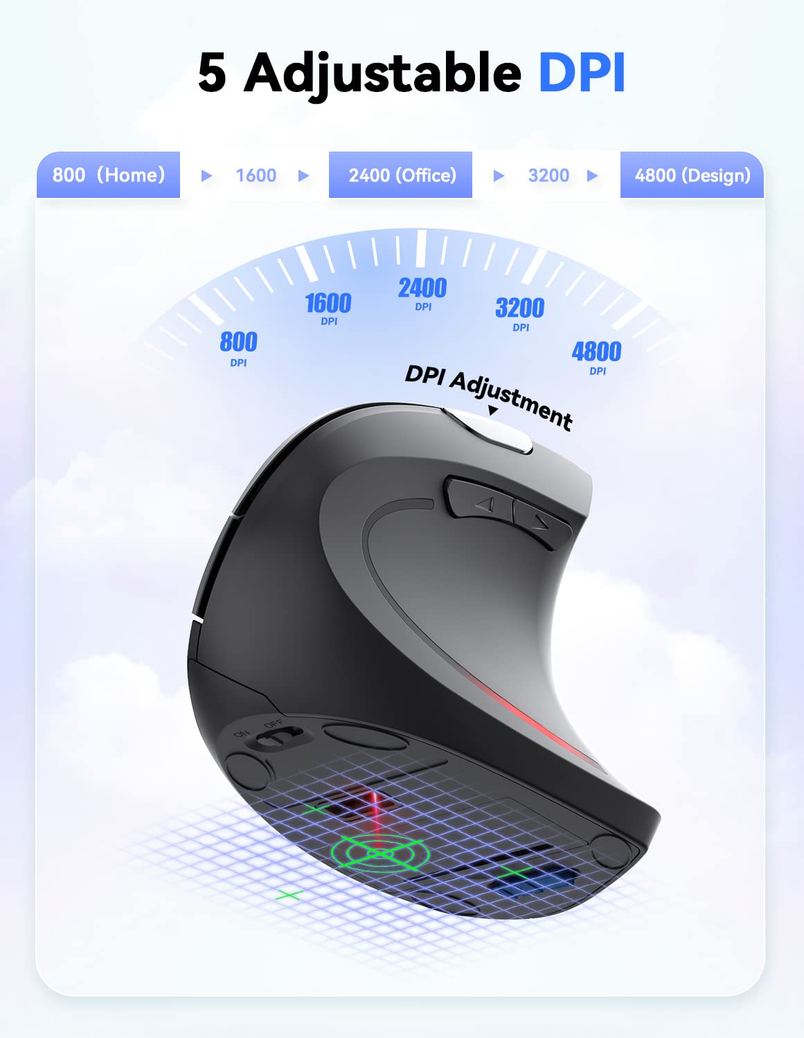 TECKNET Ergonomic Wireless Mouse - 4800 DPI, Silent Click, 5 Adjustable DPI Settings, 2.4G Vertical Mouse with 6 Buttons - Compatible with Windows, Mac, Chromebook, Linux - Perfect for Office Work, Gaming & Long Computer Sessions