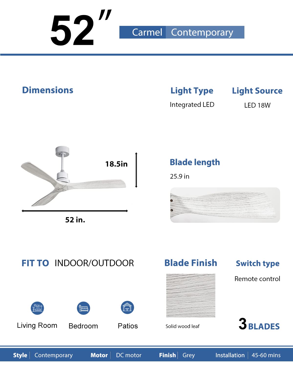 52 Inch Solid Wood Ceiling Fan with Remote Control - No Light Flush Mount Modern Design, 3 Reversible Blades, Quiet DC Motor - Perfect for Indoor/Outdoor Living Room, Bedroom, Patio & Farmhouse Decor