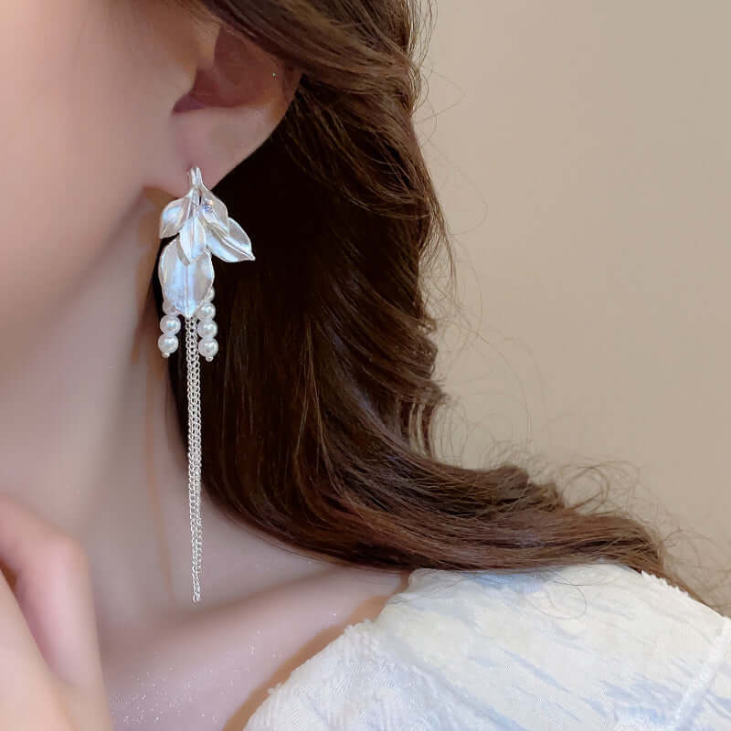 Ivory Pearl Leaf Link Chain Drop Earrings for Women | EH338 | Elegant Dangle Earrings for Wedding, Party & Evening Wear