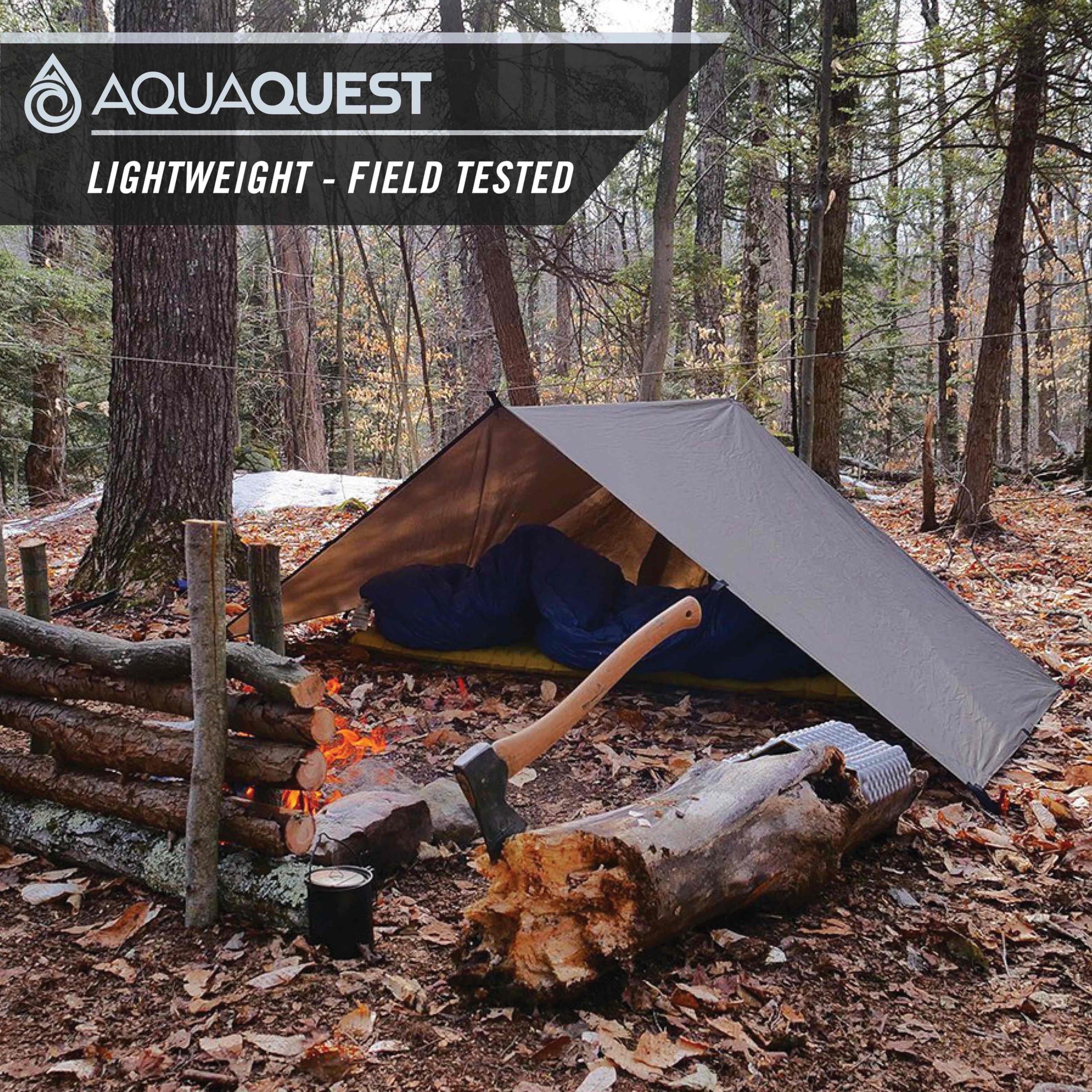 AquaQuest Defender Heavy Duty Waterproof Camping Tarp - Ultralight Tent Shelter & Rain Fly for Hiking, Backpacking, Bushcraft, Hammock - Perfect for Outdoor Adventures, Emergency Shelter & All-Weather Protection