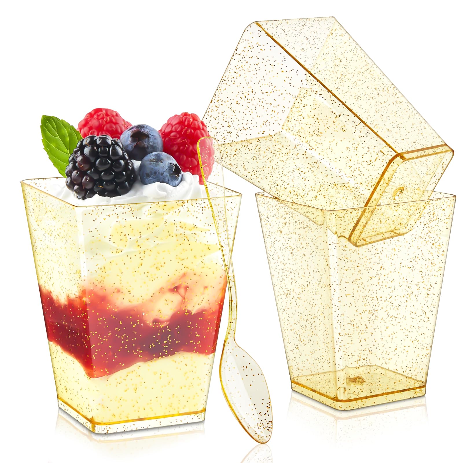 Qeirudu 50-Pack 5 oz Gold Glitter Mini Dessert Cups with Spoons - Square Plastic Parfait & Shooter Cups for Party Serving, Pudding, Cheesecake, Mousse, Jello - Perfect for Weddings, Baby Showers & Birthday Celebrations