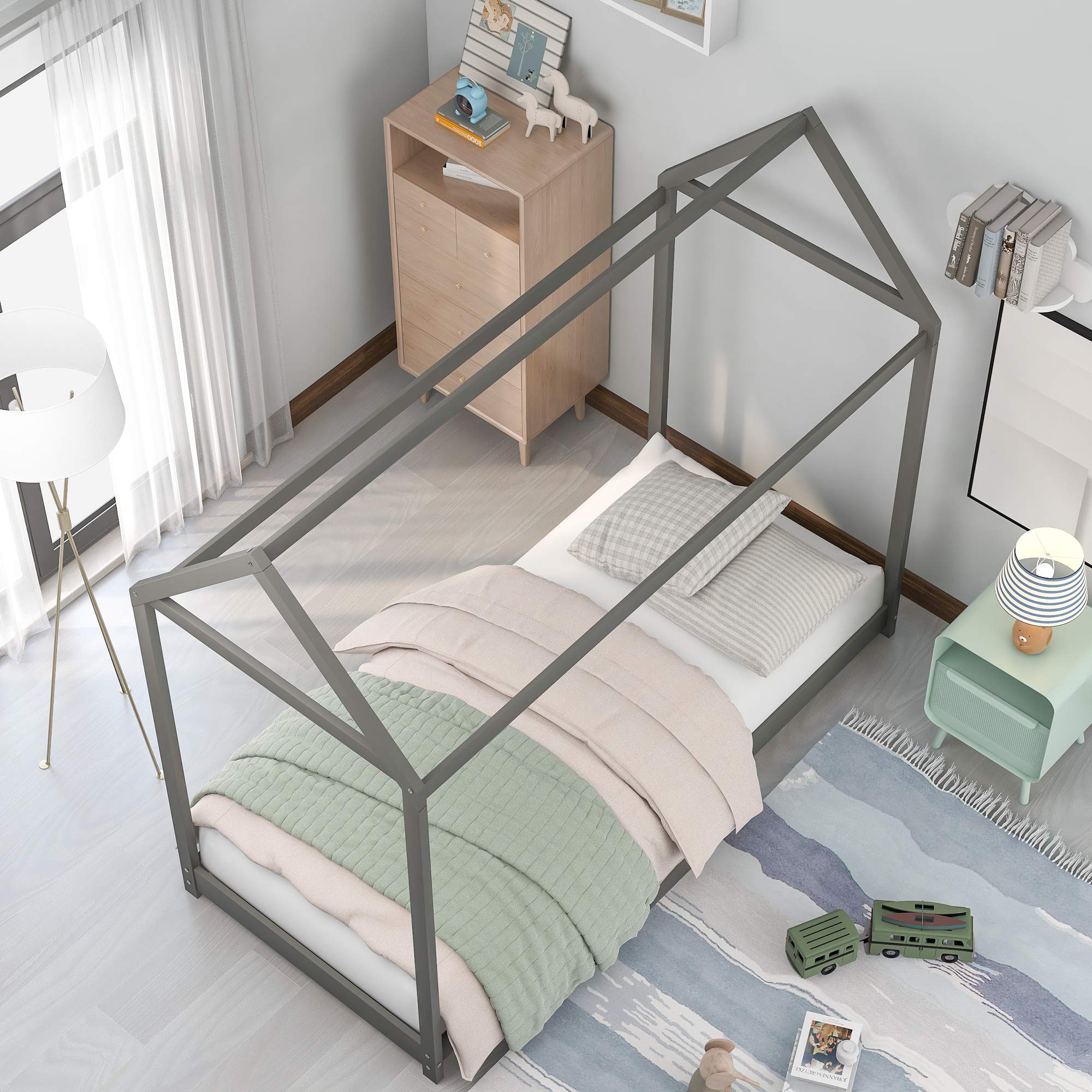 **Sturdy Twin House Bed with Roof & Slat Support - Low Platform Daybed for Toddlers & Teens - Gray Kids Bedroom Furniture - Perfect for Nursery, Playroom & Cozy Bedroom Decor**