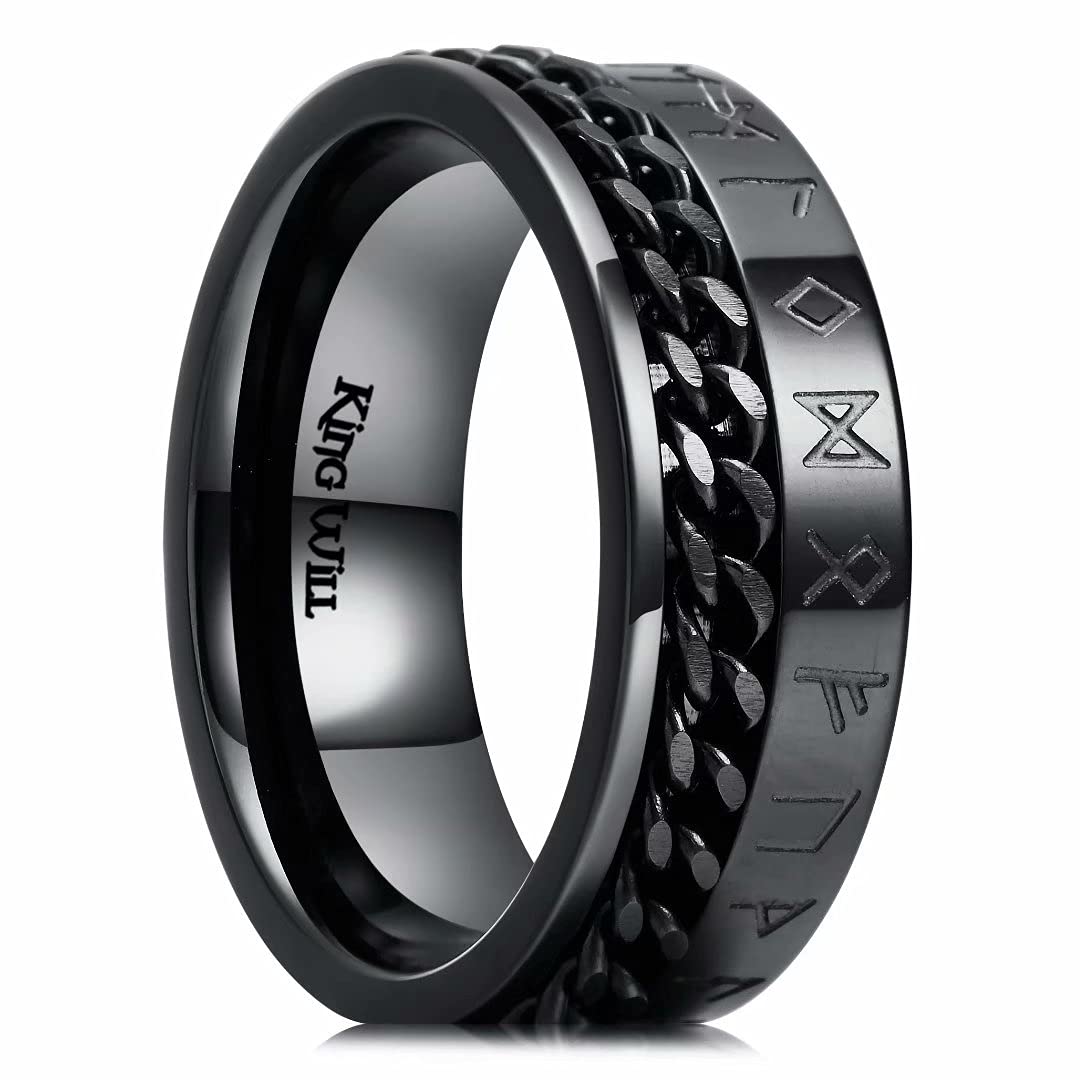 King Will 8mm Black & Silver Spinner Ring - Stainless Steel Anxiety Relief Ring for Men & Women - Brushed Greek Key, Viking, Roman Numeral & Hammered Designs - Stress Relief Fidget Ring for Office, Travel & Meditation