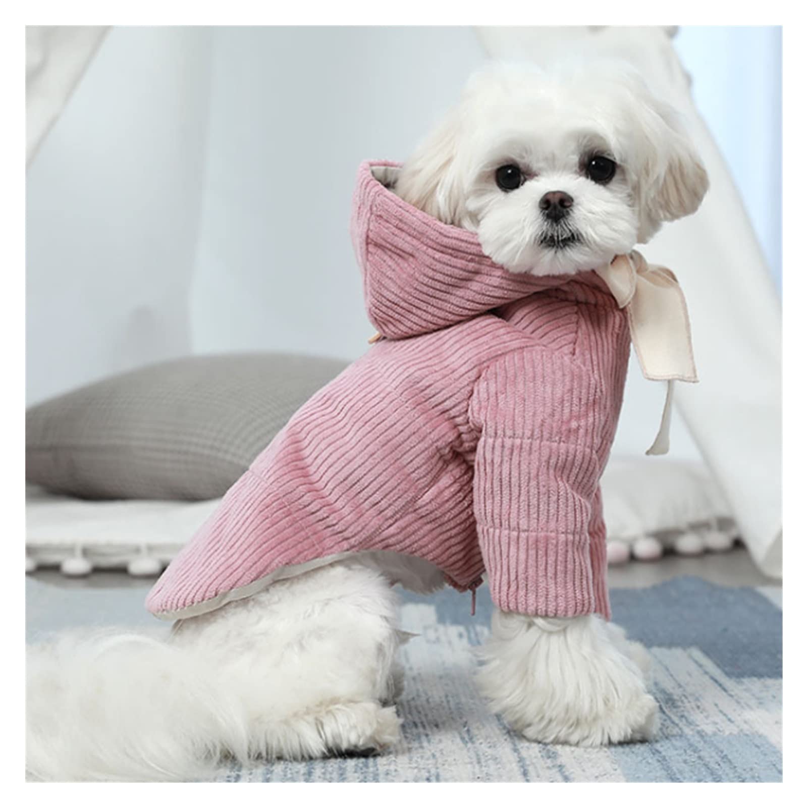 Warm Autumn & Winter Dog Coat with Hat - Cotton Velvet Small/Medium Dog Clothes (Pink, Size M) for Outdoor Walks & Cold Weather Protection