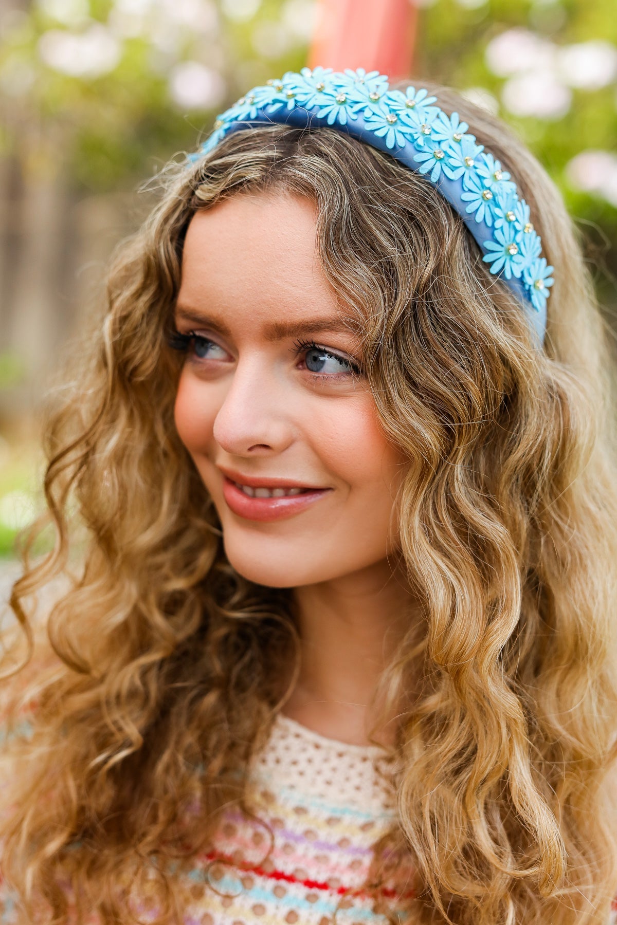 Blue Satin Daisy Rhinestone Headband for Women - Sparkling Hair Accessory for Weddings, Parties & Special Occasions