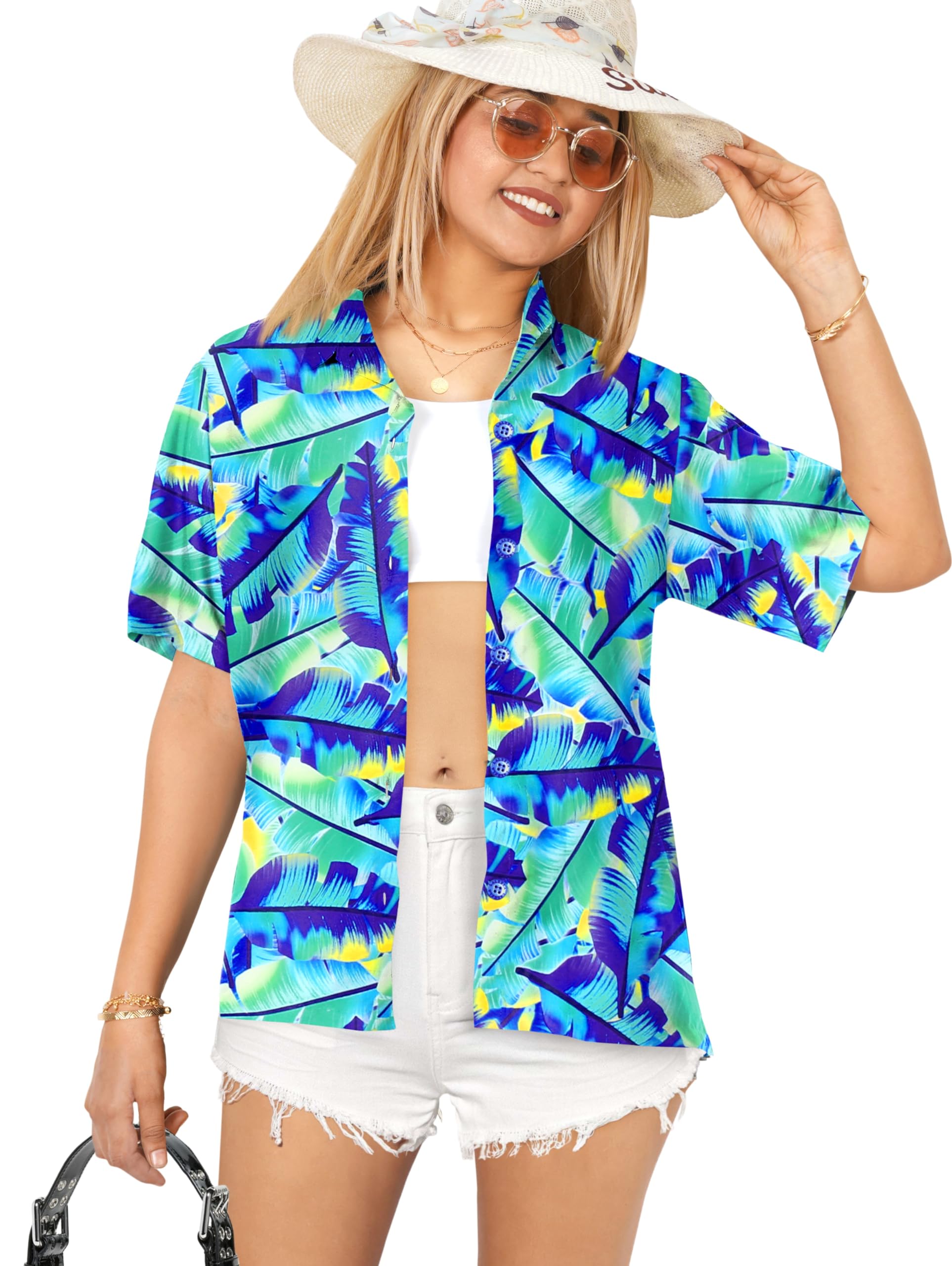 Happy Bay Women's Hawaiian Short Sleeve Beach Blouse - Tropical Floral Print Vacation Shirt for Summer, Pool Party & Island Getaways