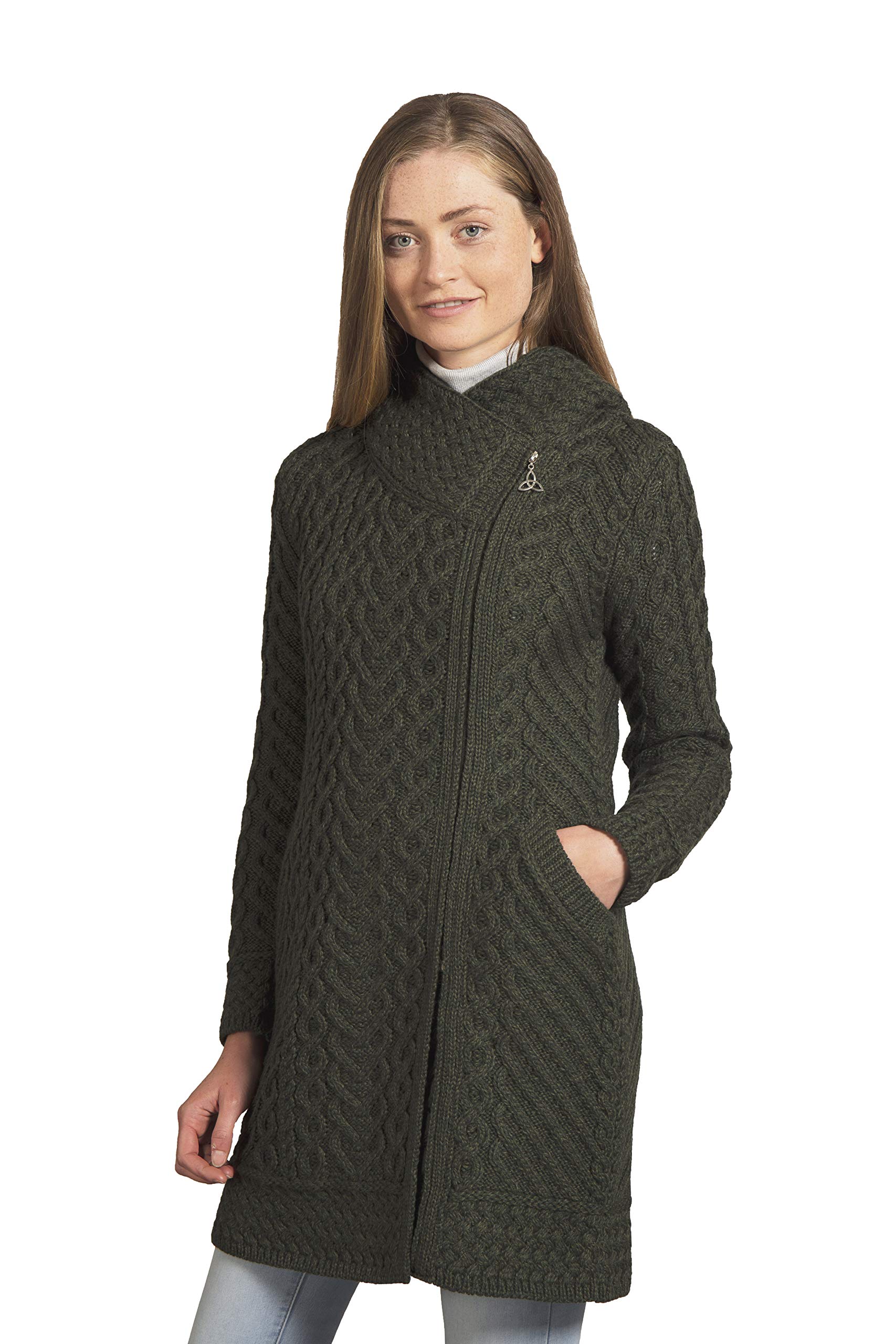 Aran Crafts Women's 100% Merino Wool Cable Knit Long Hooded Side Zip Coat - Warm Winter Jacket for Outdoor Activities, Hiking & Casual Wear