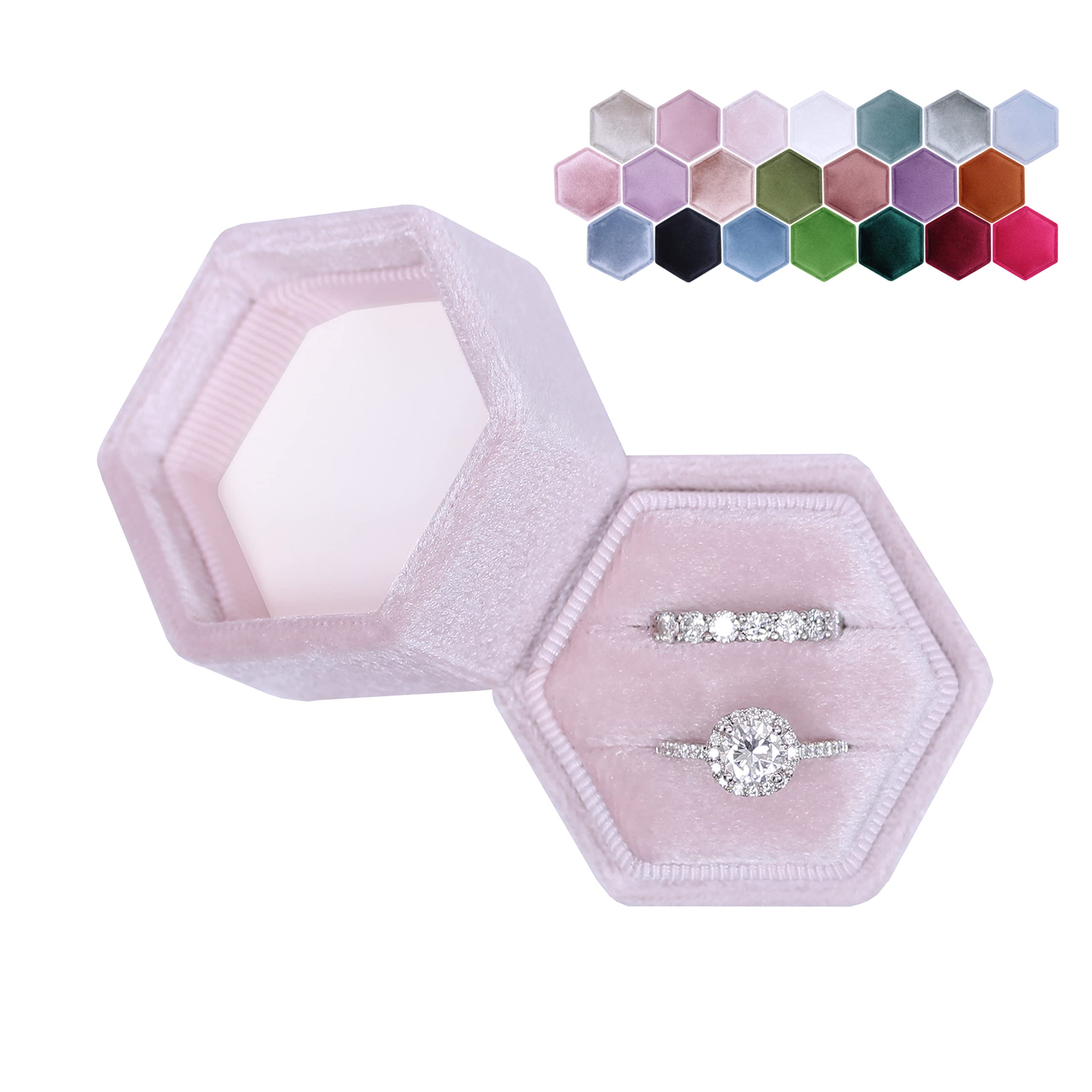 Hexagon Velvet Double Slots Ring Box - Engagement Ring Holder, Proposal Jewelry Display Case for Wedding, Anniversary & Special Occasions (Ballet Pink) - Perfect for Bridal Shower, Gift Presentation & Ring Storage