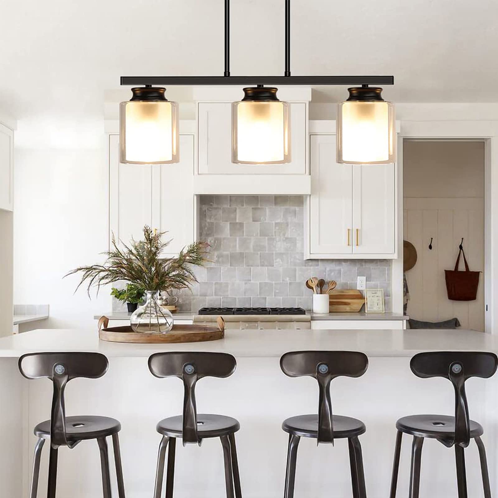 DLLT 3-Light Industrial Pendant Lighting Fixture - Metal Kitchen Island Hanging Light with Glass Shade, Farmhouse Flush Mount Ceiling Light for Dining Room, Foyer, Restaurant, Bar - E26 Base - Perfect for Modern Farmhouse Decor & Commercial Spaces