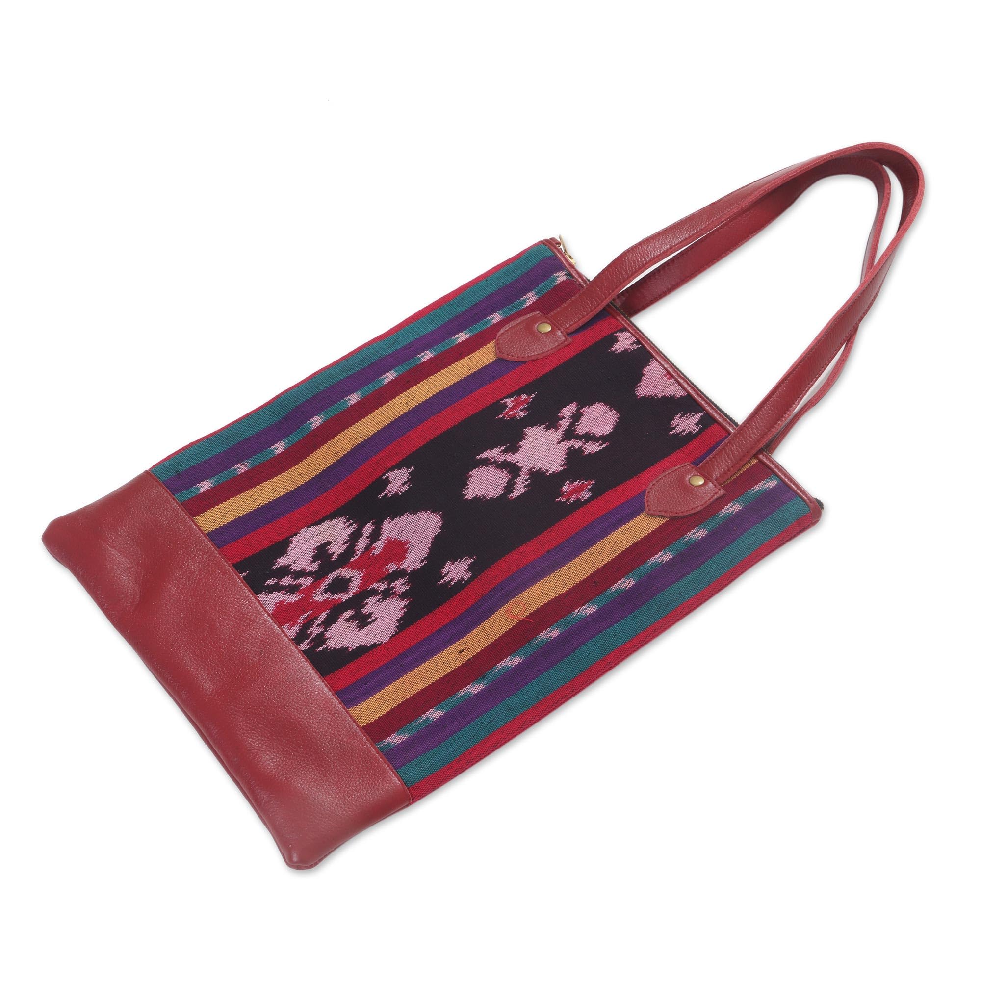 Artisan Handcrafted Leather Accent Cotton Shoulder Bag - Multicolor Burgundy Ikat Pattern, Indonesia Woven 'Jepara Weave' - Perfect for Travel, Shopping & Casual Outings