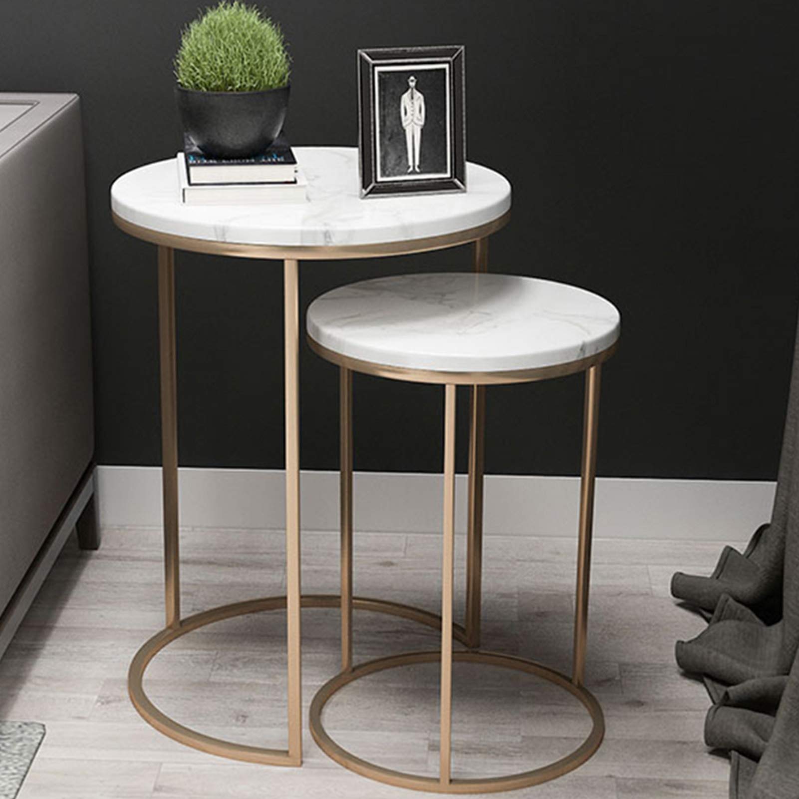 Modern Stylish Nested End Tables Set of 2 - Marble Top & Gold Metal Base - Living Room Bedside Nightstands - Perfect for Small Spaces, Apartments and Home Decor