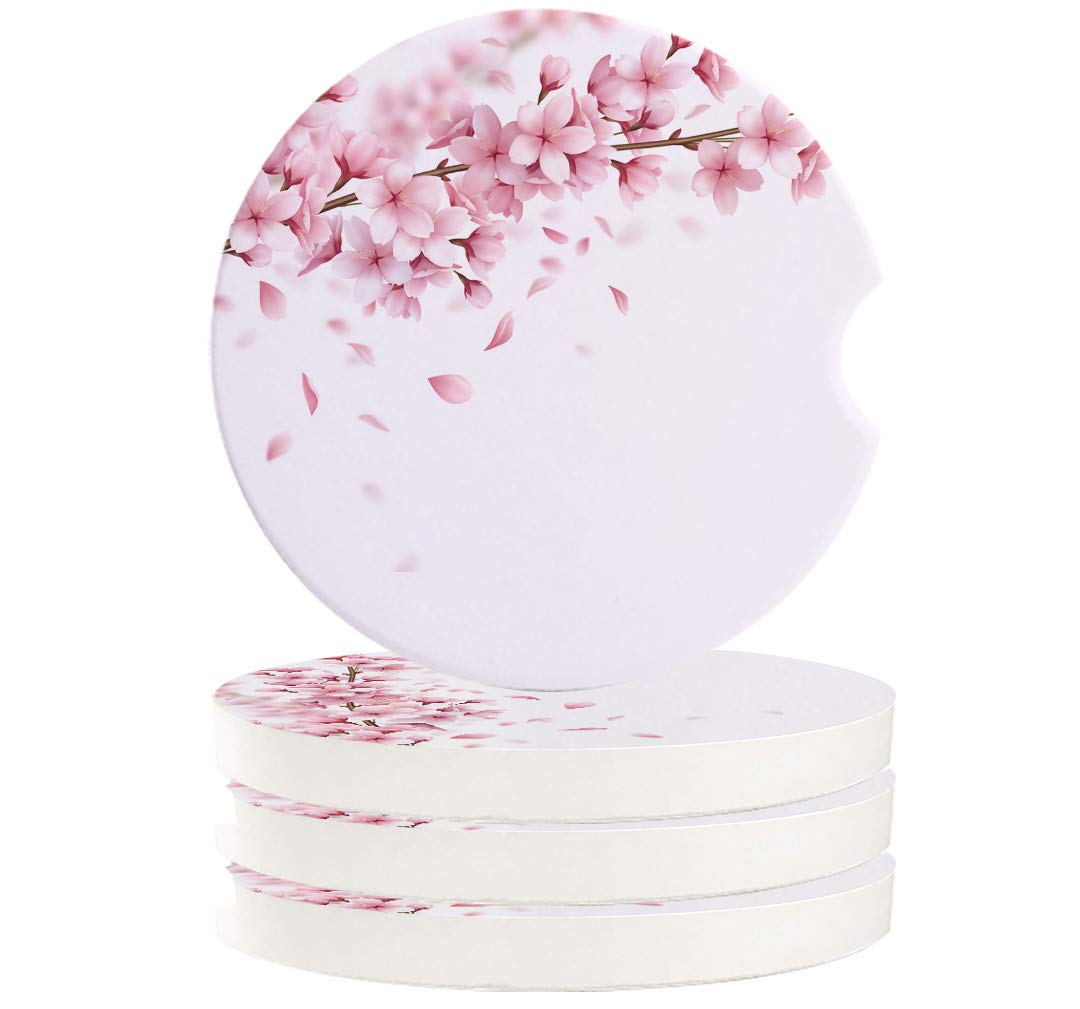 Cherry Blossom Ceramic Car Coasters - 4 Pack Absorbent Cup Holders with Finger Notch for Easy Removal, Pink & White Car Accessories - Perfect for Coffee, Drinks & Protecting Your Vehicle's Interior