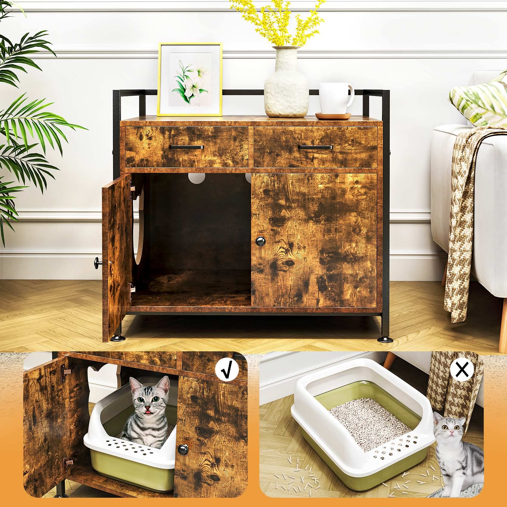 TC-HOMENY Cat Litter Box Enclosure - Modern Furniture Storage Cabinet with Odor Control for Living Room | Stylish Pet Furniture for Small Spaces & Home Decor