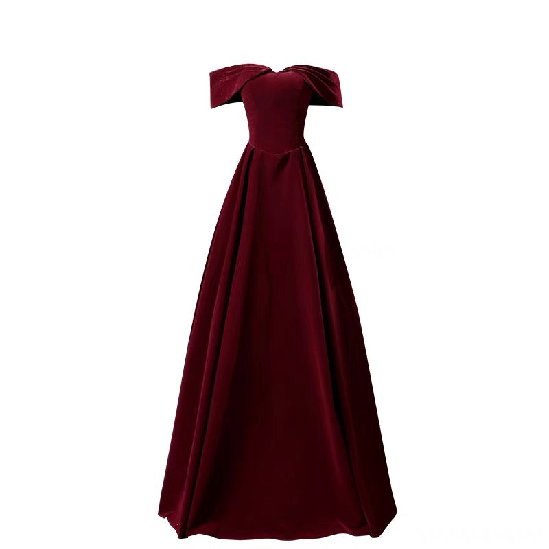 Burgundy Velvet Off-the-Shoulder A-Line Long Prom Dress for Evening Gowns & Formal Events | Elegant Homecoming, Wedding Guest & Party Dress J4302