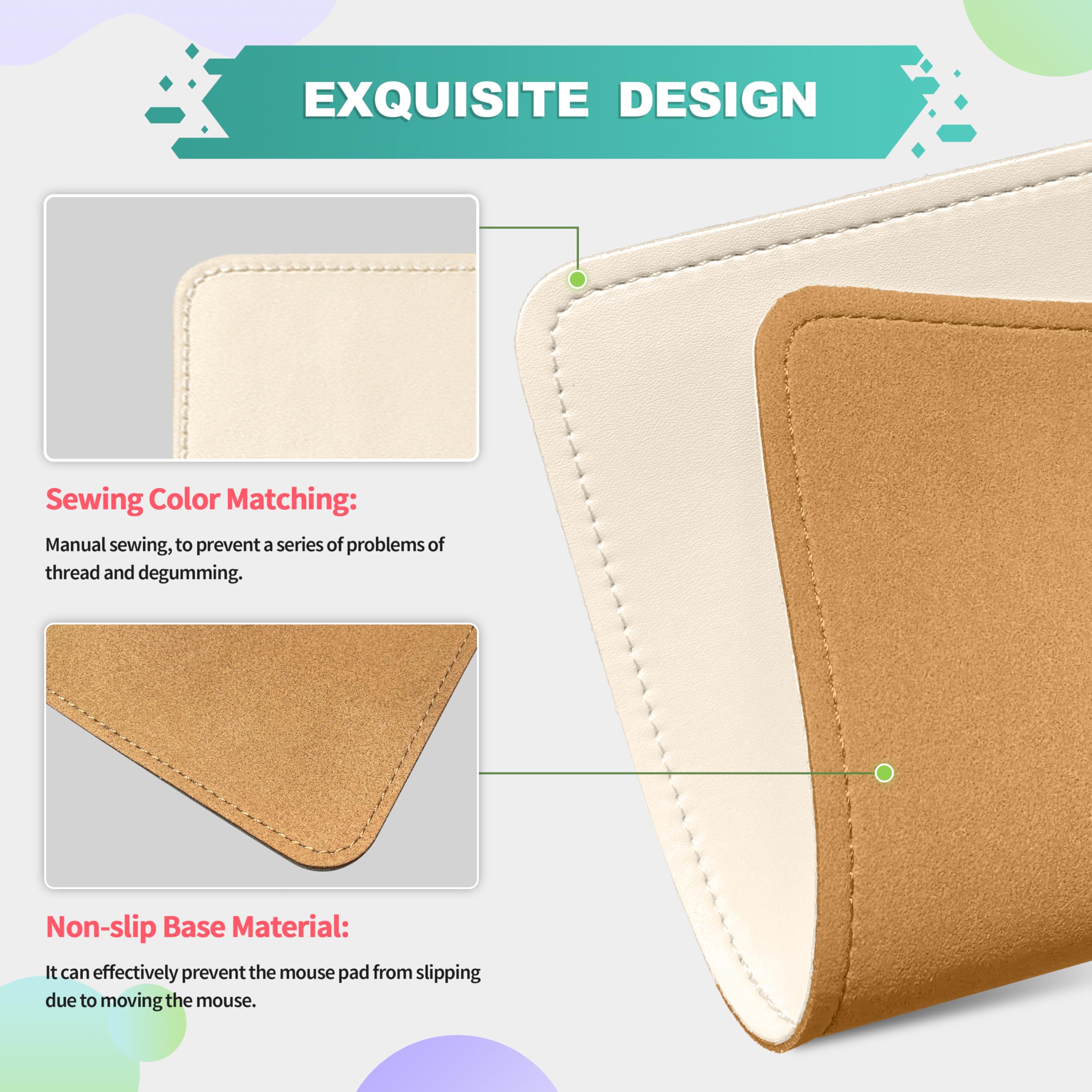 Premium PU Leather Mouse Pad with Stitched Edge - Non-Slip Microfiber Base, Waterproof Desk Mat for Computer & Laptop (8x11 Inch, Milky White) - Perfect for Office, Gaming & Home Workspace