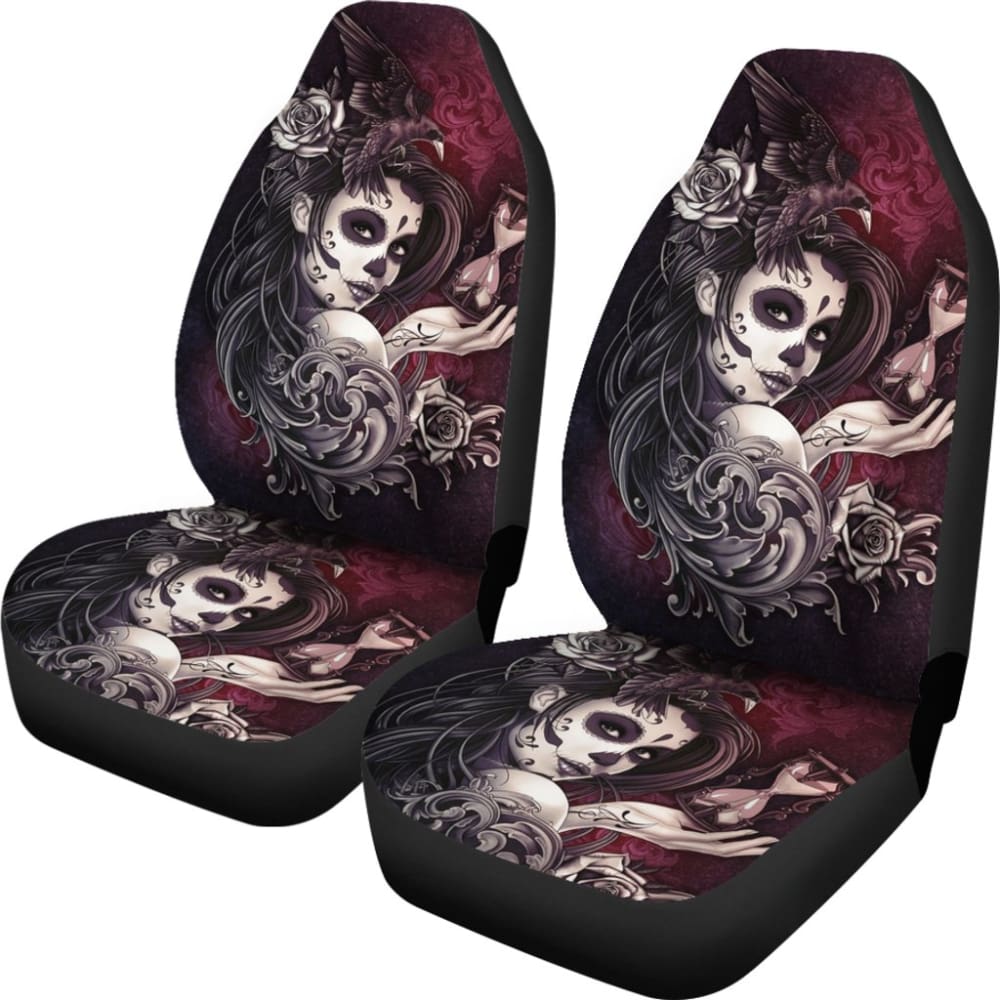2 Pcs Sugar Skull Girl Car Seat Covers - Mexican Day of the Dead Decor - Universal Fit for Cars, Trucks & SUVs - Perfect for Halloween, Dia de los Muertos & Gothic Home Decor