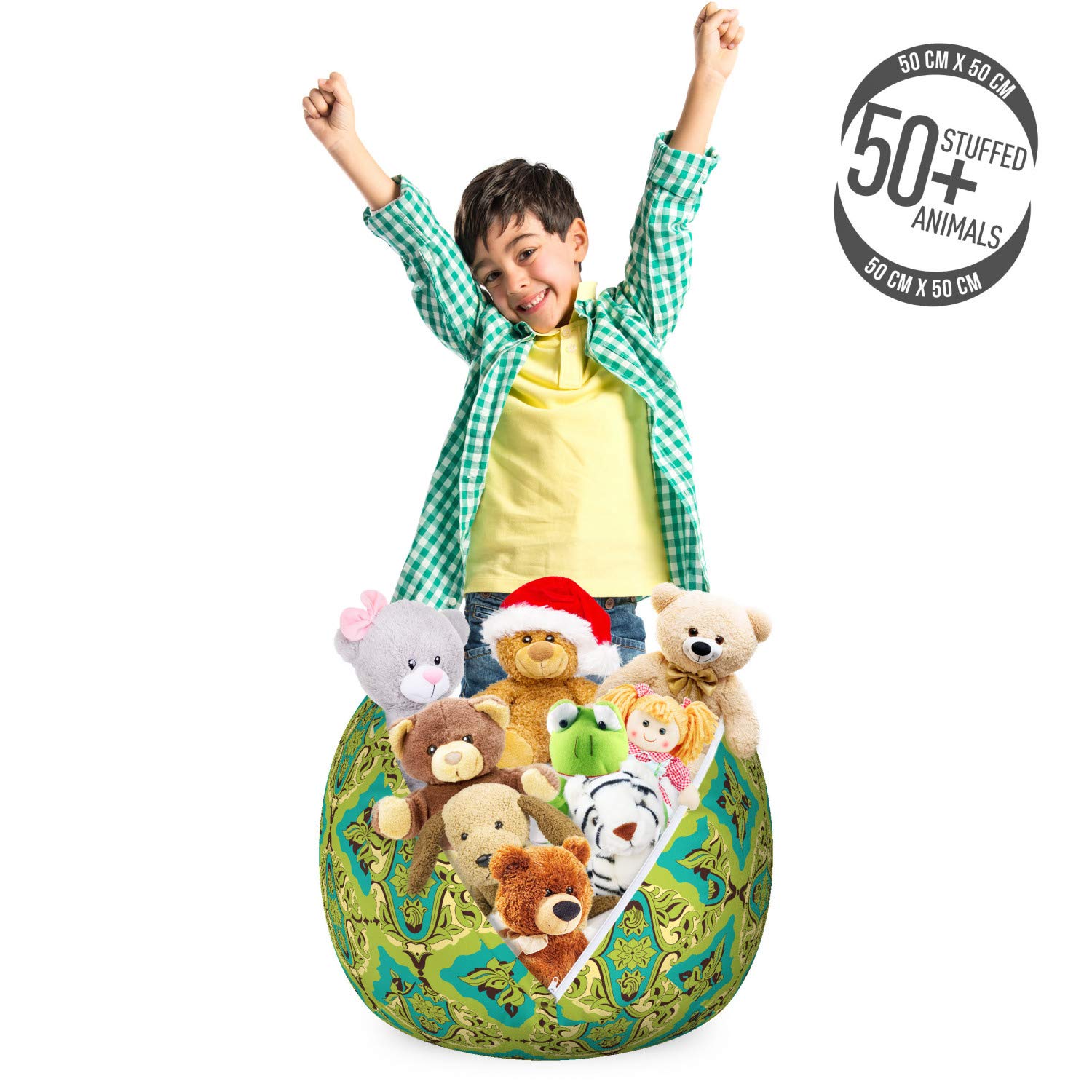Ambesonne Damask Storage Toy Bag Chair - Floral Baroque Pattern Washable Stuffed Animal Organizer - Small Size in Yellow Green Turquoise - Perfect for Kids' Room, Nursery & Playroom Organization
