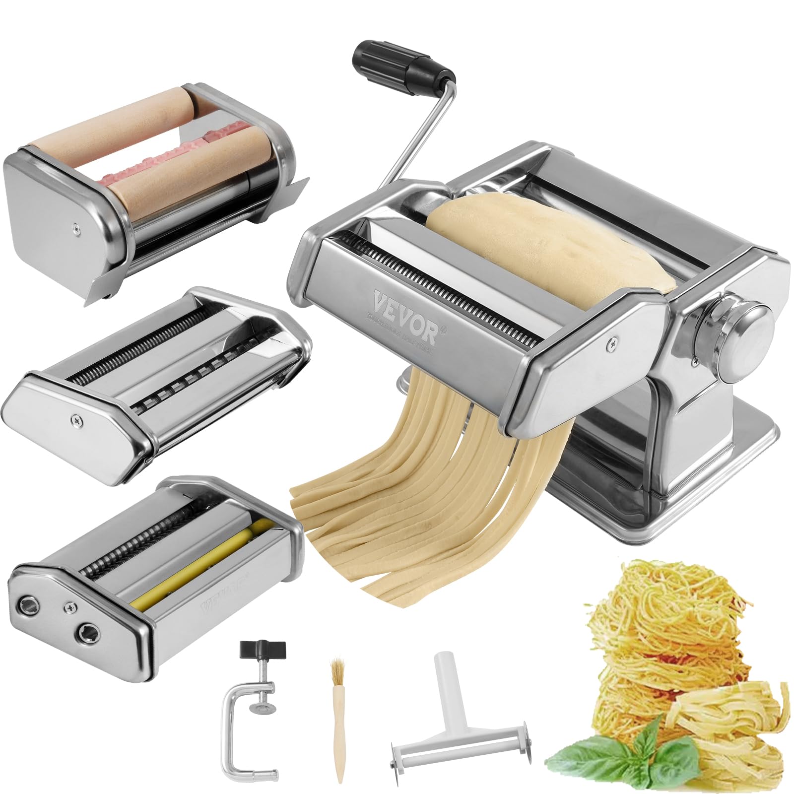 VEVOR Stainless Steel Pasta Maker Machine - 9 Adjustable Thickness Settings, 150mm Rollers with 3 Attachments for Homemade Spaghetti, Lasagna, Fettuccine & Dumpling Wrappers | Ideal for Italian Cooking, Asian Cuisine & Family Kitchen DIY