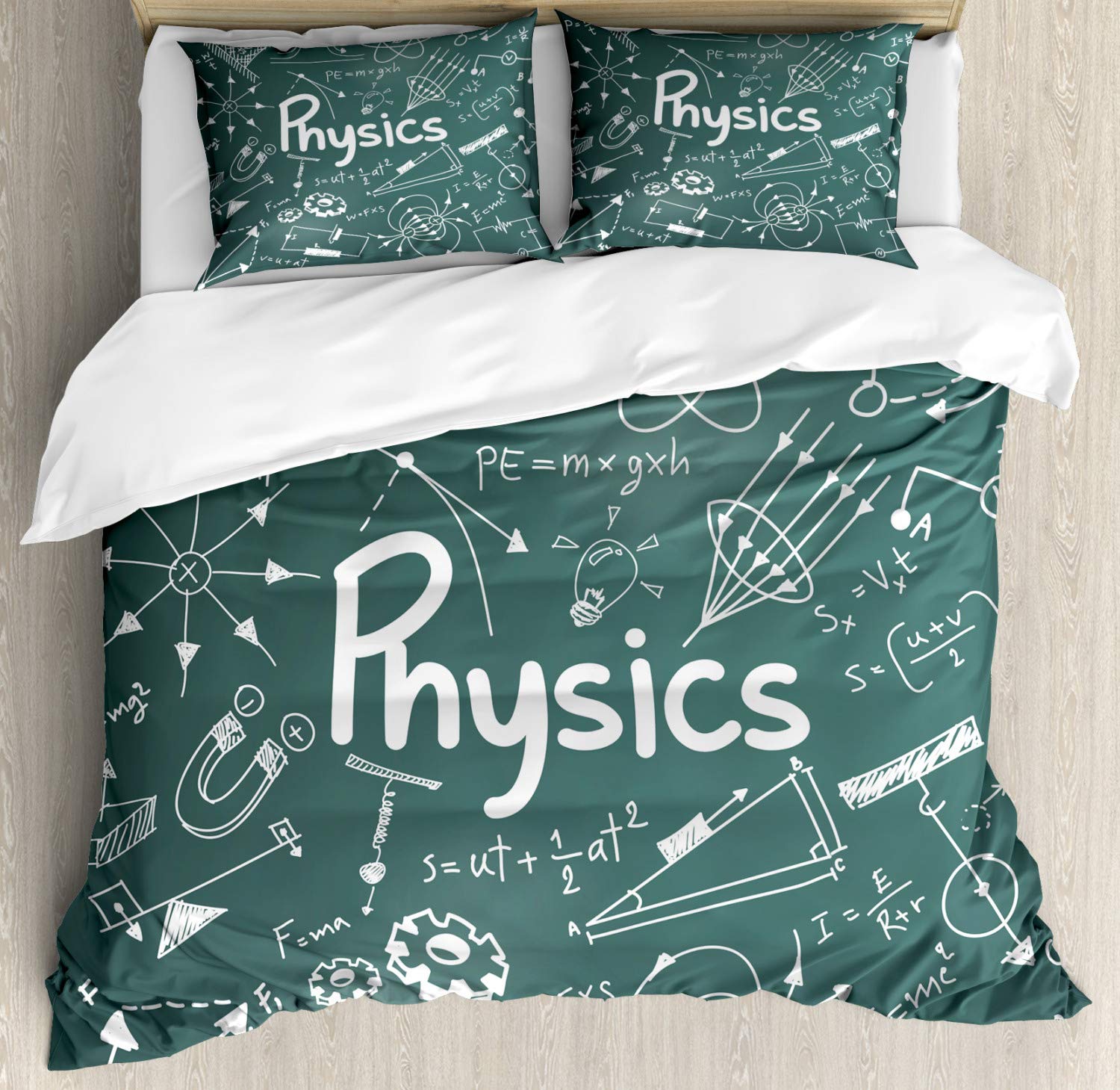 Ambesonne Physics Science Duvet Cover Set - Mathematical Formula Equation Design, 3-Piece Bedding Set with 2 Pillow Shams, California King Size in Army Green & White | Perfect for Science Enthusiasts, STEM Themed Bedrooms, and Educational Home Decor