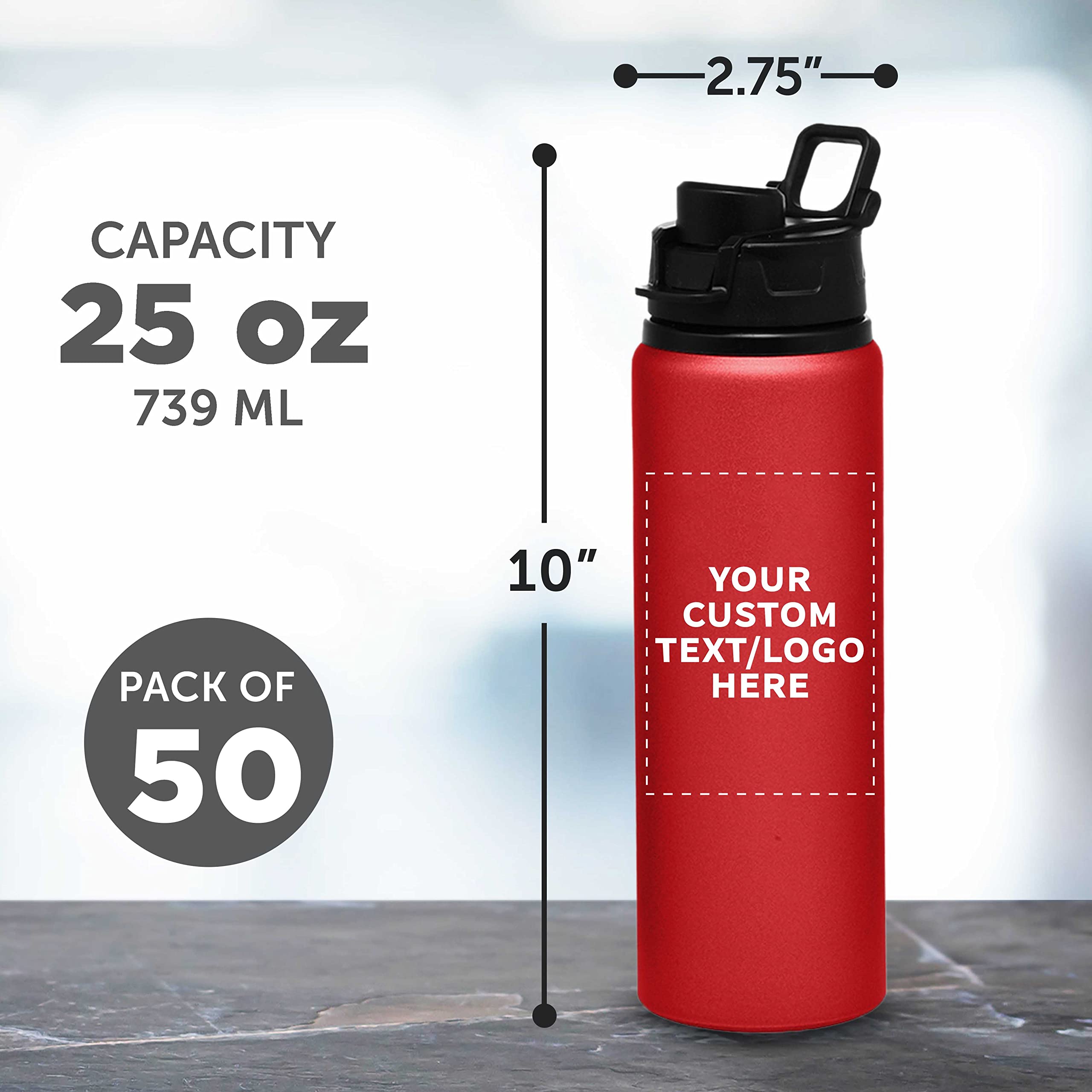 Custom 25oz Aluminum Water Bottles with Snap Lids - Bulk Pack of 50 Personalized Reusable Drinkware for Gym, Hiking, Cycling & School - Eco-Friendly Sports & Outdoor Hydration Bottle - Red