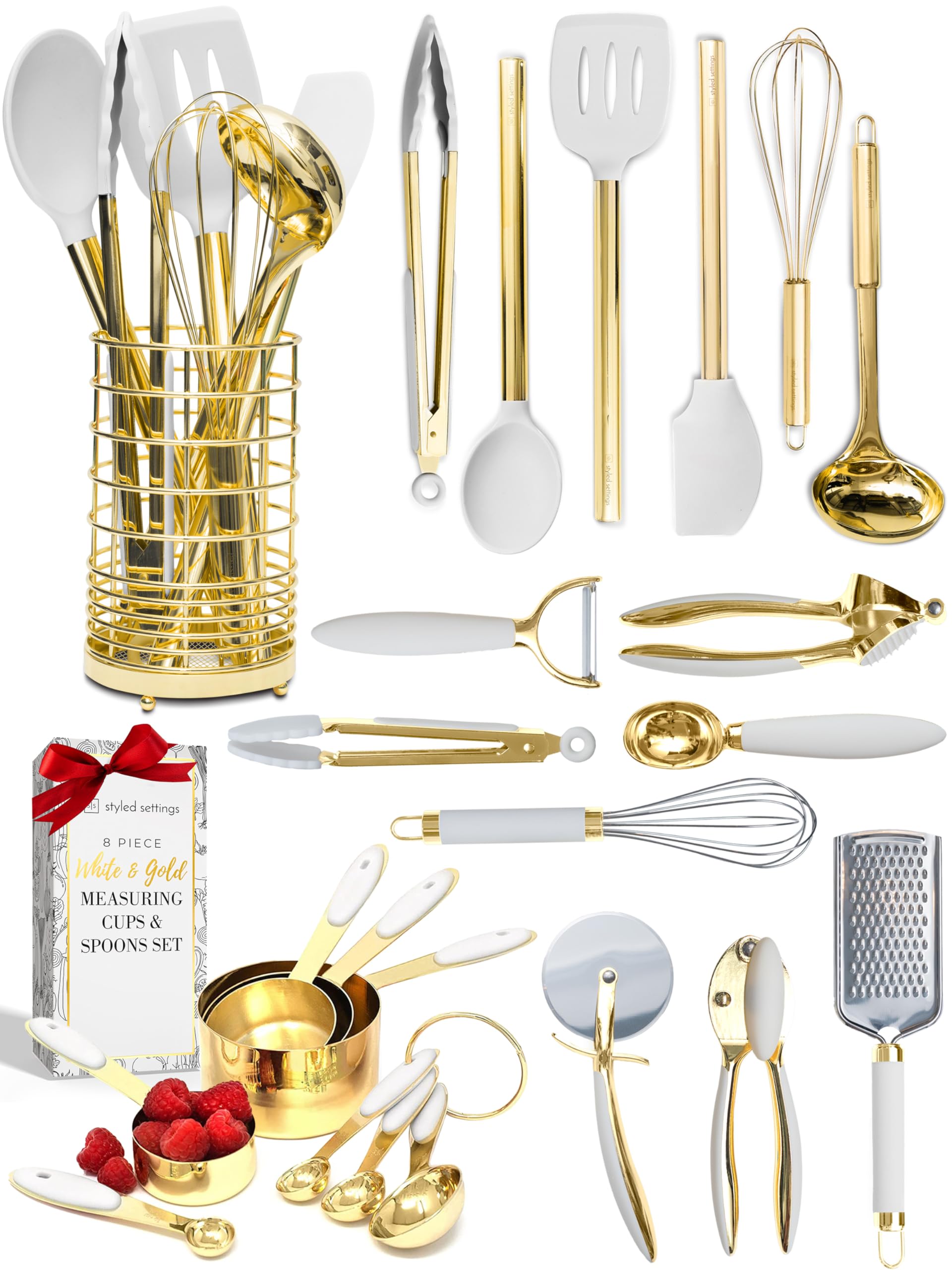 Premium 23-Piece White & Gold Kitchen Utensil Set - Includes Measuring Cups, Spoons, Silicone Cooking Tools & Utensil Holder - Perfect for Baking, Cooking & Modern Kitchen Decor - Ideal Gift for Home Chefs & Housewarming Parties
