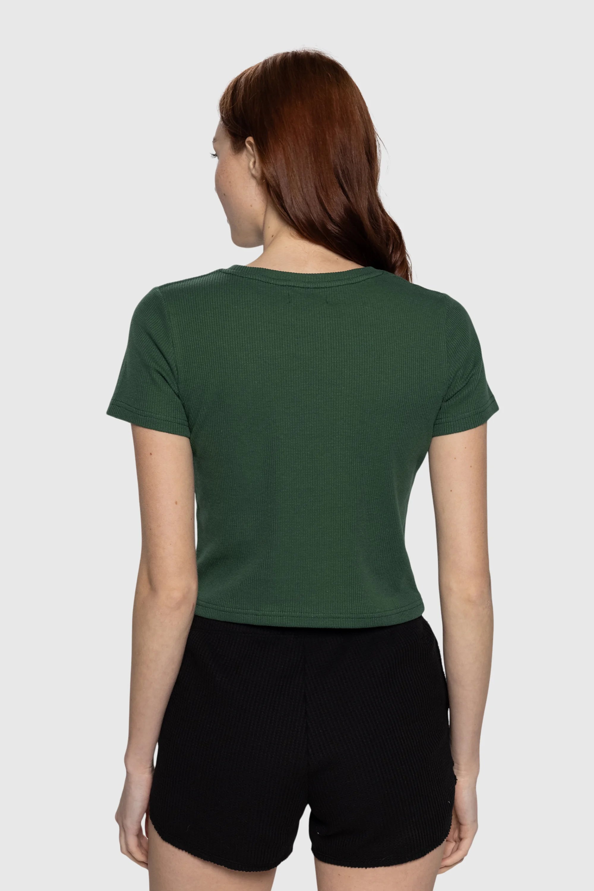 Women's Green Crop Waffle Tee - Soft & Breathable Knit Top for Casual Wear, Loungewear & Street Style