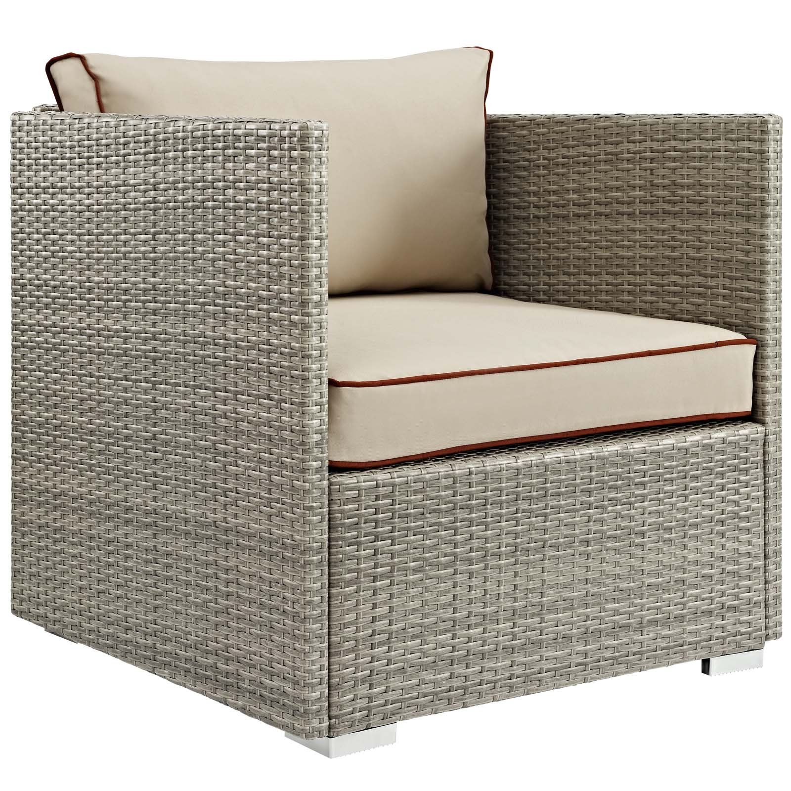 Modway Repose Wicker Rattan Outdoor Patio Arm Chair with Sunbrella® Fabric Cushions - Light Gray Beige - Weather-Resistant Lounge Chair for Poolside, Garden, Deck & Backyard Relaxation