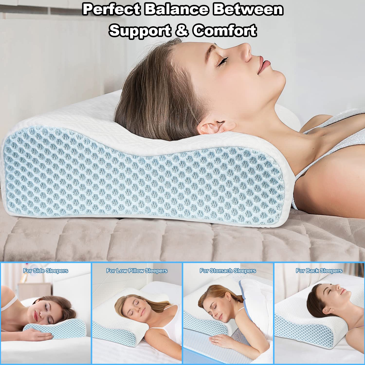 **Queen Size Memory Foam Pillow with Washable Cover - Orthopedic Support for Side, Back & Stomach Sleepers - Ergonomic Design for Neck Pain Relief - Perfect for Home, Travel & Office Use**