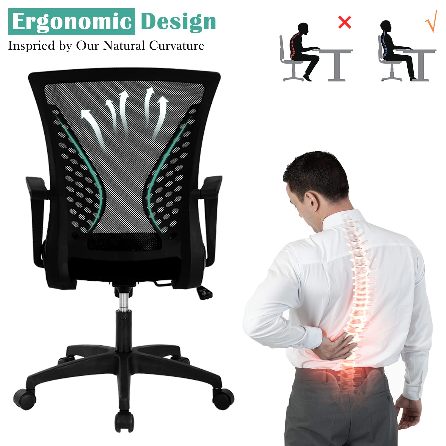 Ergonomic Office Chair for Women - Mid Back Mesh Computer Chair with Adjustable Armrests & Lumbar Support - Breathable Swivel Desk Chair for Home Office, Meeting Room, Gaming & Working - Comfortable & Stylish Silla de Oficina