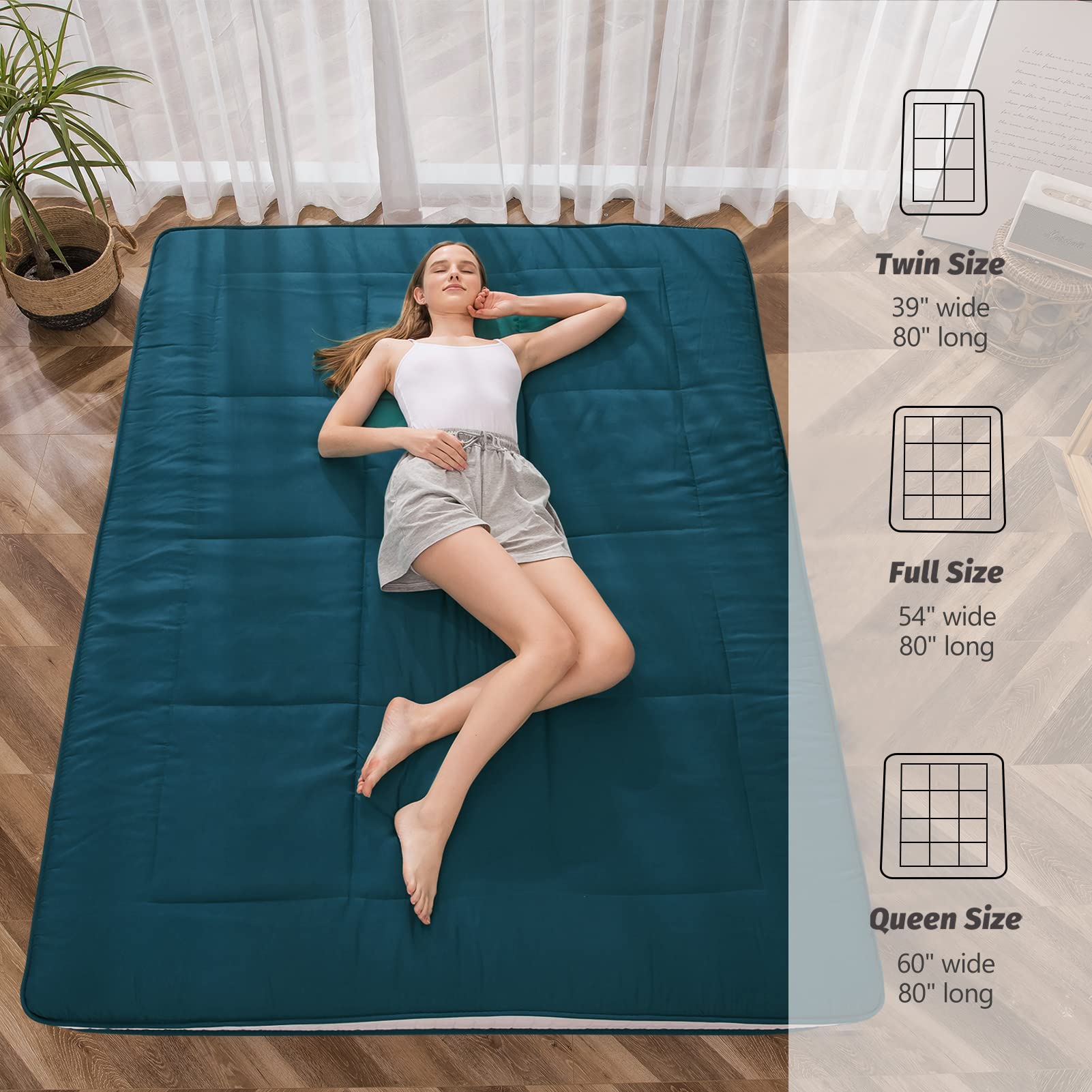 MAXYOYO Futon Mattress - Japanese Floor Sleeping Pad with Quilted Topper, Bluestone Blue | Foldable Floor Bed for Guest Room, Dorm, Camping & Yoga Mat Alternative