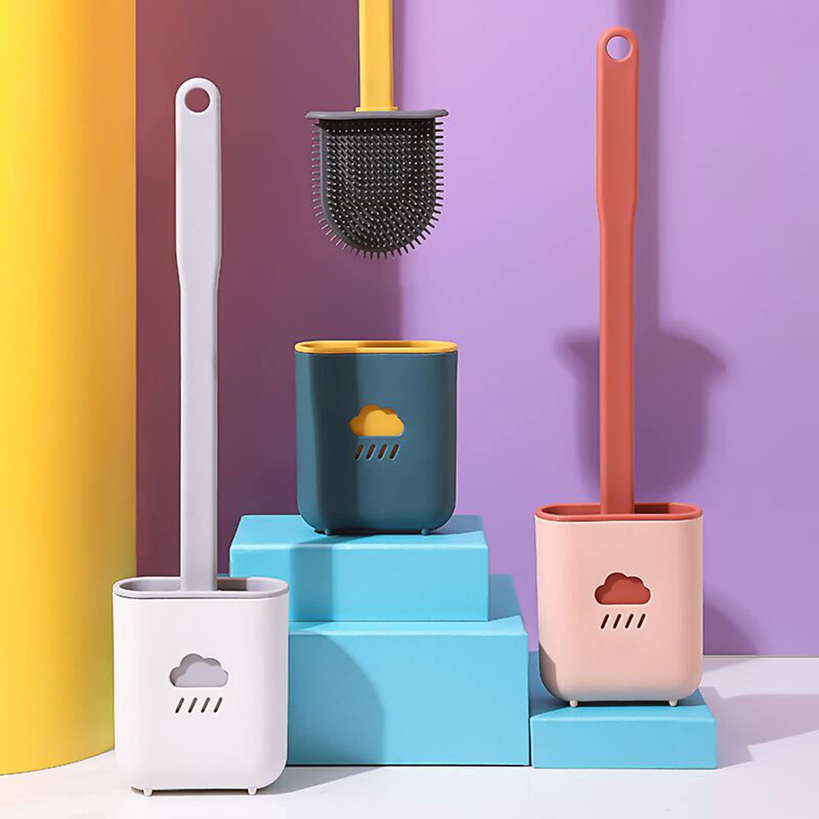 Deep Clean Silicone Toilet Brush Set - No-Slip Long Plastic Handle & Flexible Bristles with Hook - No Drilling Wall Mounted Quick Dry Holder for Bathroom (Gray) - Perfect for Small Spaces & Easy Bathroom Cleaning