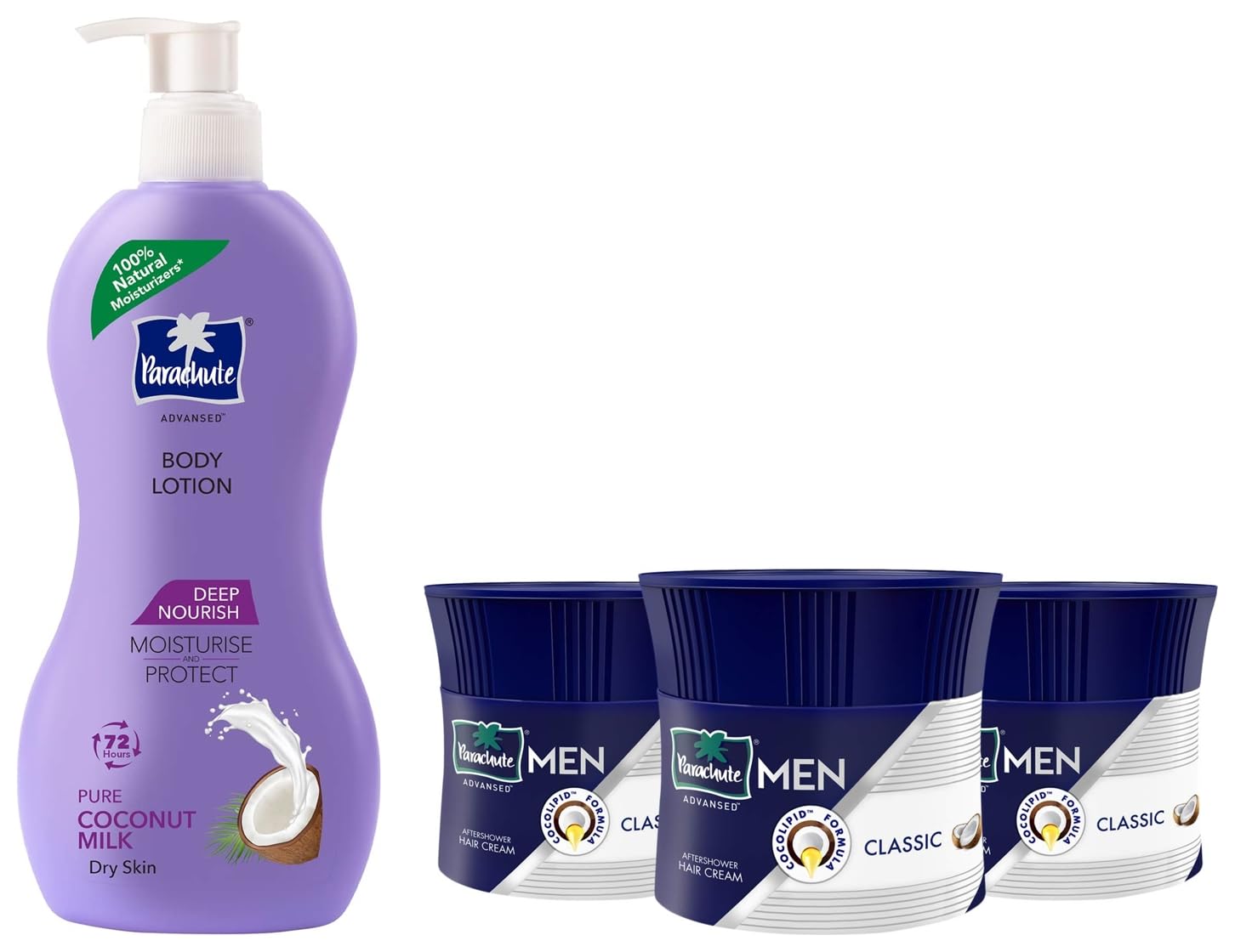 Parachute Advanced Men's Hair Cream - Classic Non-Sticky Formula with Coconut Oil (3-Pack, 100g Each) & Parachute Advanced Deep Nourish Body Lotion with Pure Coconut Milk (400ml) - Daily Hair Styling & Skin Moisturizing Solution for Men