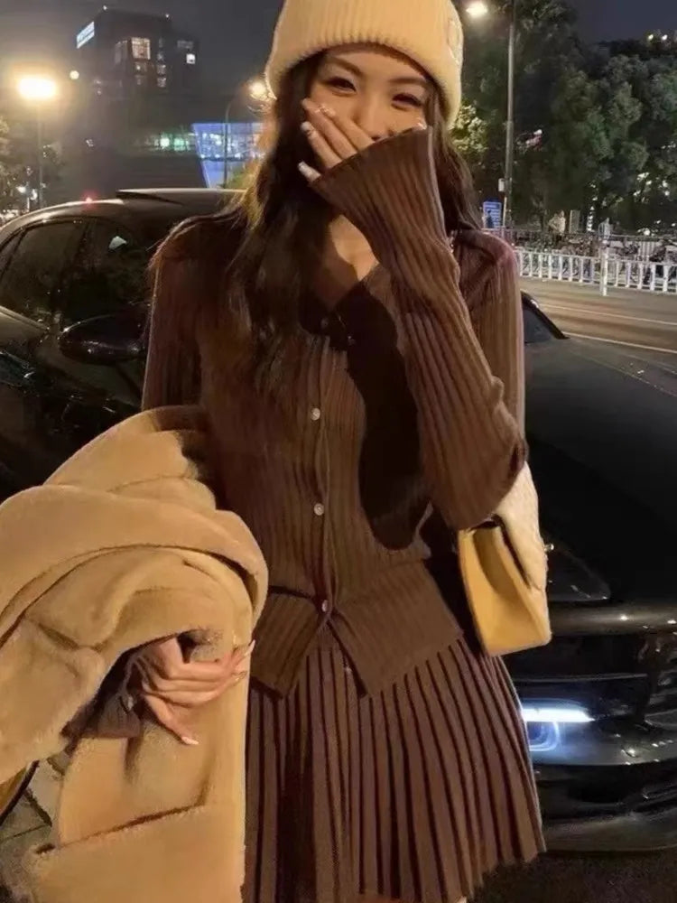 Elegant Women's Two-Piece Solid Knit Skirt Set - V-Neck Long Sleeve Cardigan & Mini Pleated Skirt | Y2K Korean Chic Outfit for Autumn | Perfect for Office, Date Night & Casual Wear