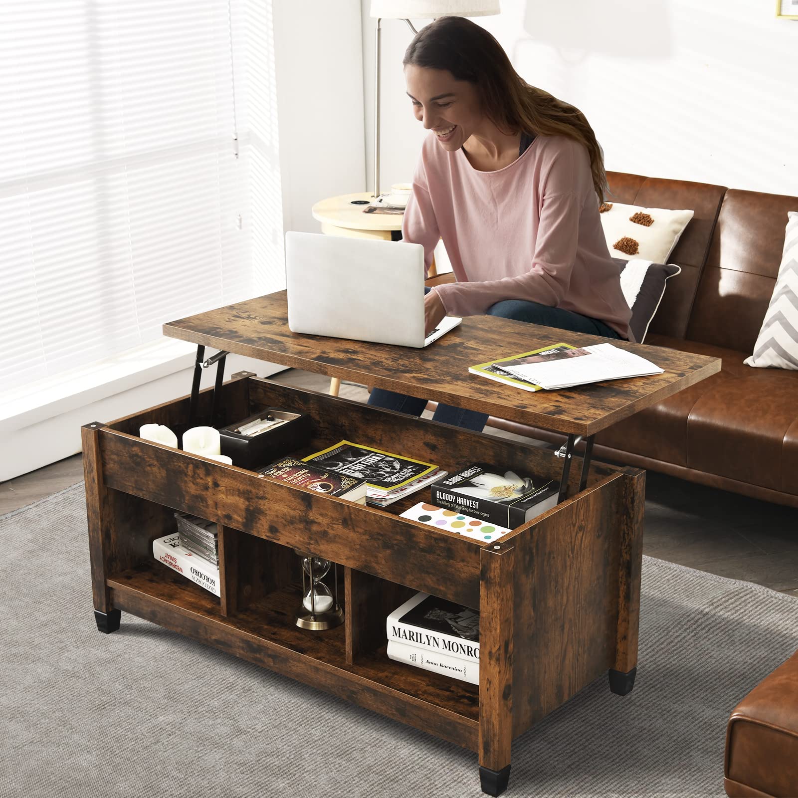 Modern Lift Top Coffee Table with Hidden Storage & Open Shelf - Rustic Brown Moccha Wood Cocktail Table for Living Room, Office, Reception - Pop-Up Tabletop for Laptop Use, Extra Storage Space