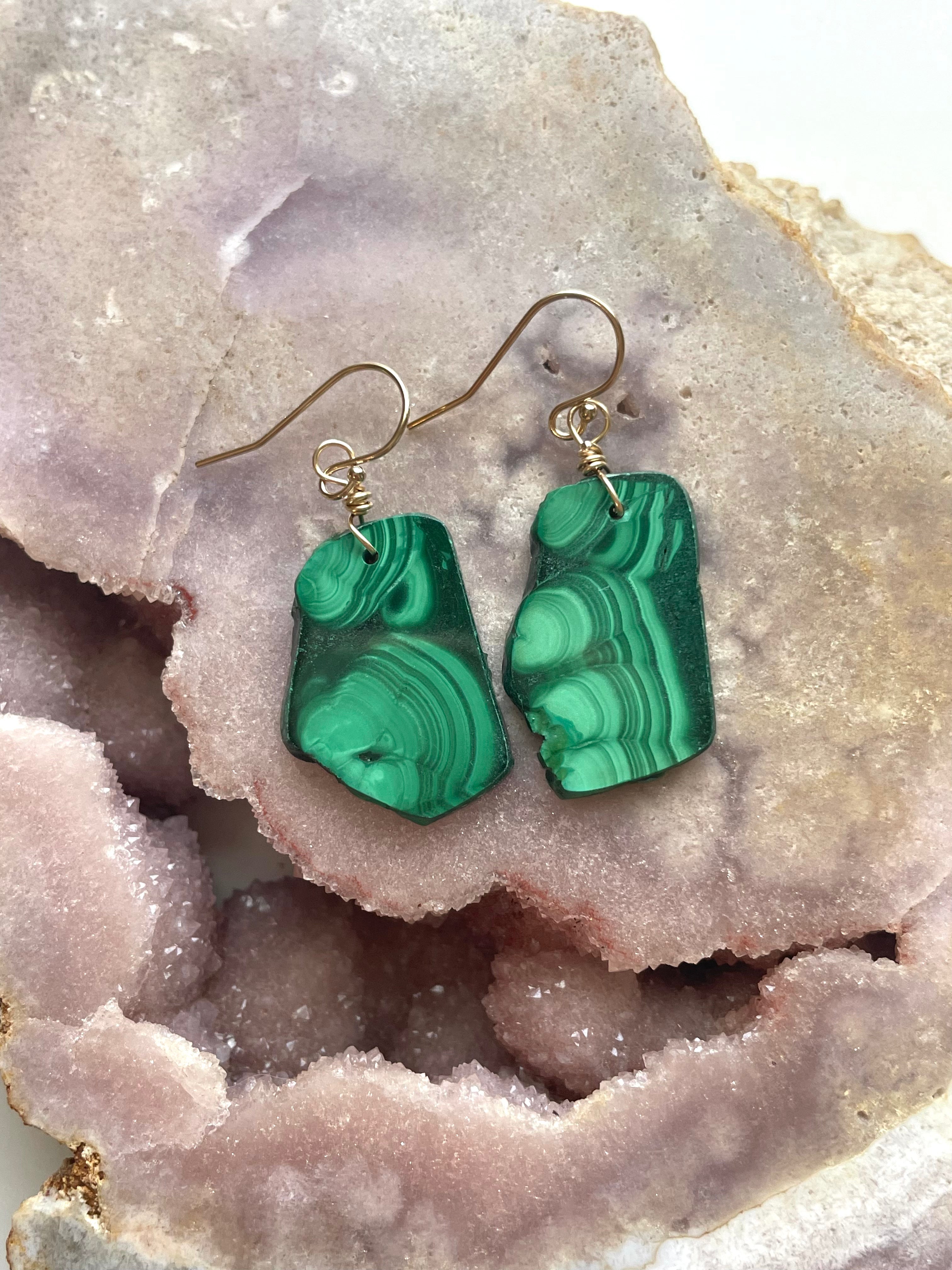 14kt Gold Filled Malachite Crystal Dangle Earrings | Healing Stone Jewelry for Women, Boho Chic Accessories for Everyday Wear & Special Occasions