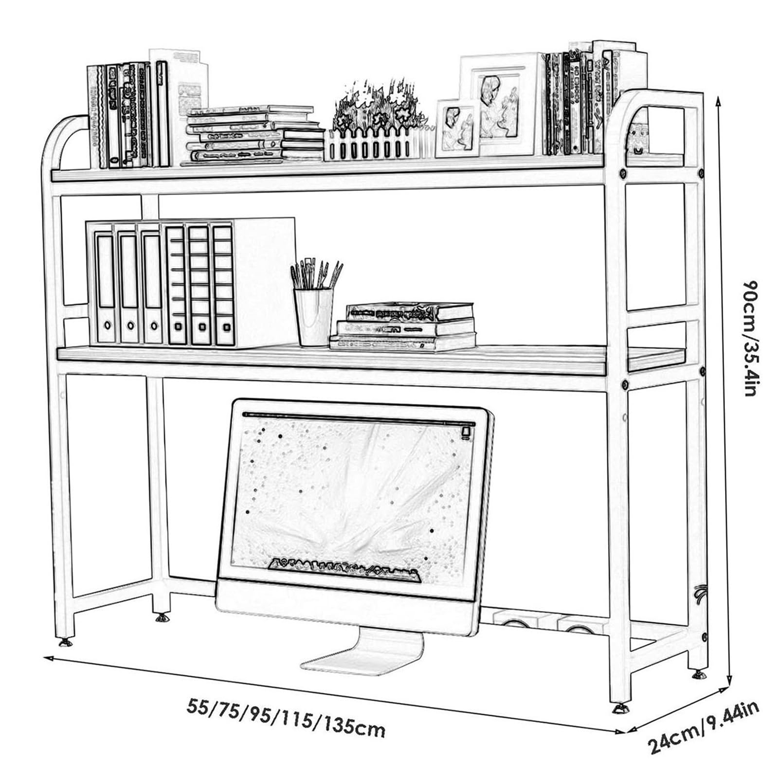 Adjustable 2-Tier Desk Organizer Shelf - Wood & Metal Computer Desk Bookcase, Open Countertop Display Storage Rack for Office, Home, or Dorm Use - Perfect for Organizing Books, Supplies & Decor