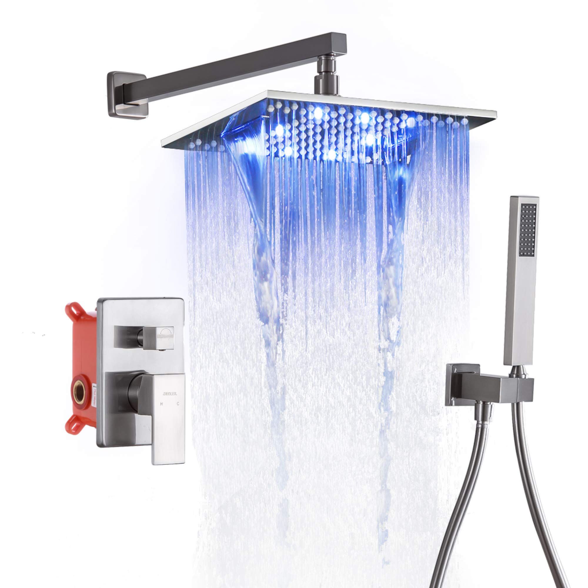 Premium 10 Inch Brushed Nickel LED Rainfall Shower System - Luxury Wall Mounted Shower Combo with Handheld Spray and Thermostatic Valve | Perfect for Modern Bathroom Renovations & Spa-Like Shower Experience