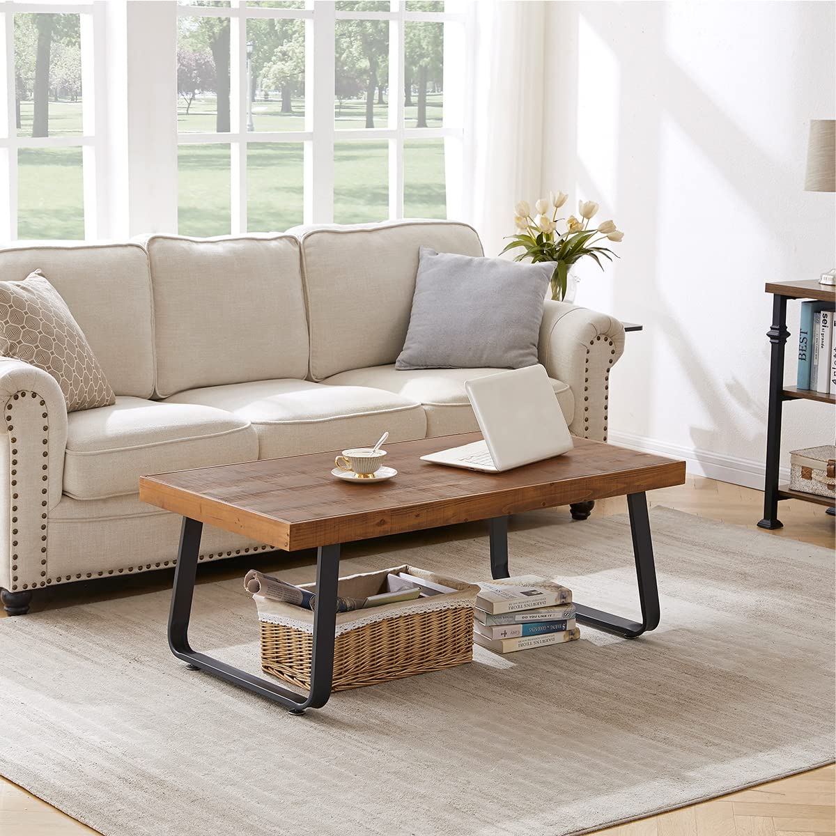 IBF 47 Inch Rustic Brown Solid Wood Coffee Table - Modern Industrial Minimalist Design with Metal Frame, Rectangle Living Room Center Table for Cocktail & Tea - Perfect for Farmhouse, Loft & Apartment Decor