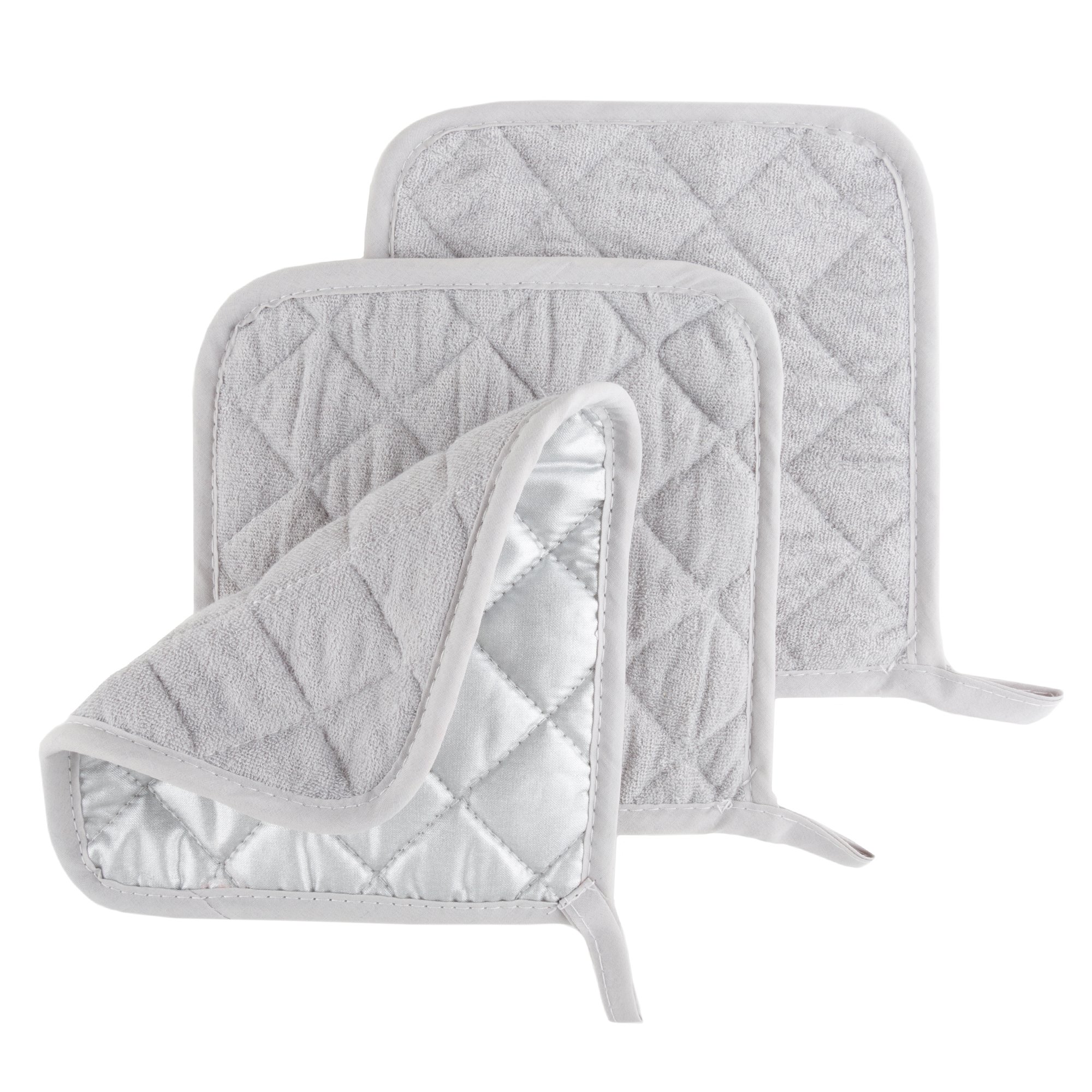 Lavish Home 3-Piece Heat Resistant Quilted Cotton Pot Holder Set - Silver | Oven Mitts for Baking, Cooking & Kitchen Safety